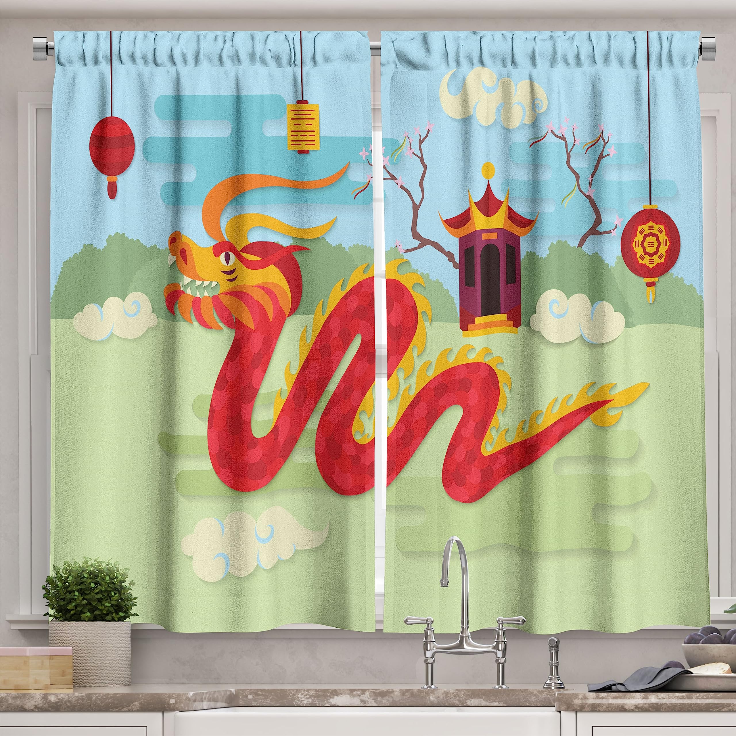 Ambesonne Dragon Print Kitchen Curtains - Chinese Pavilion Landscape Design, 2 Panel Window Drapes for Kitchen & Cafe Decor, 55
