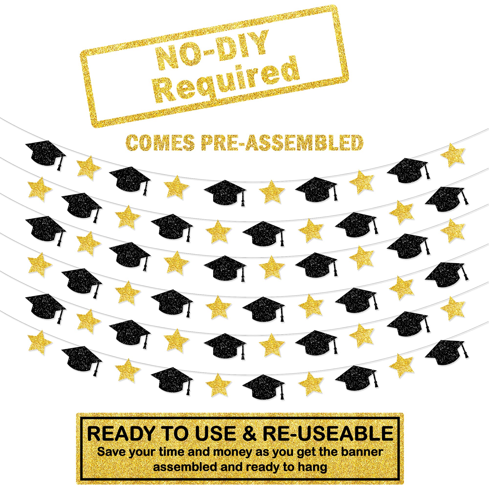 KatchOn Graduation Cap Garland - 10ft Black & Gold Class of 2025 Decor | No DIY Graduation Party Supplies for Wall Decor, Photo Backdrops & Ceremony Decorations