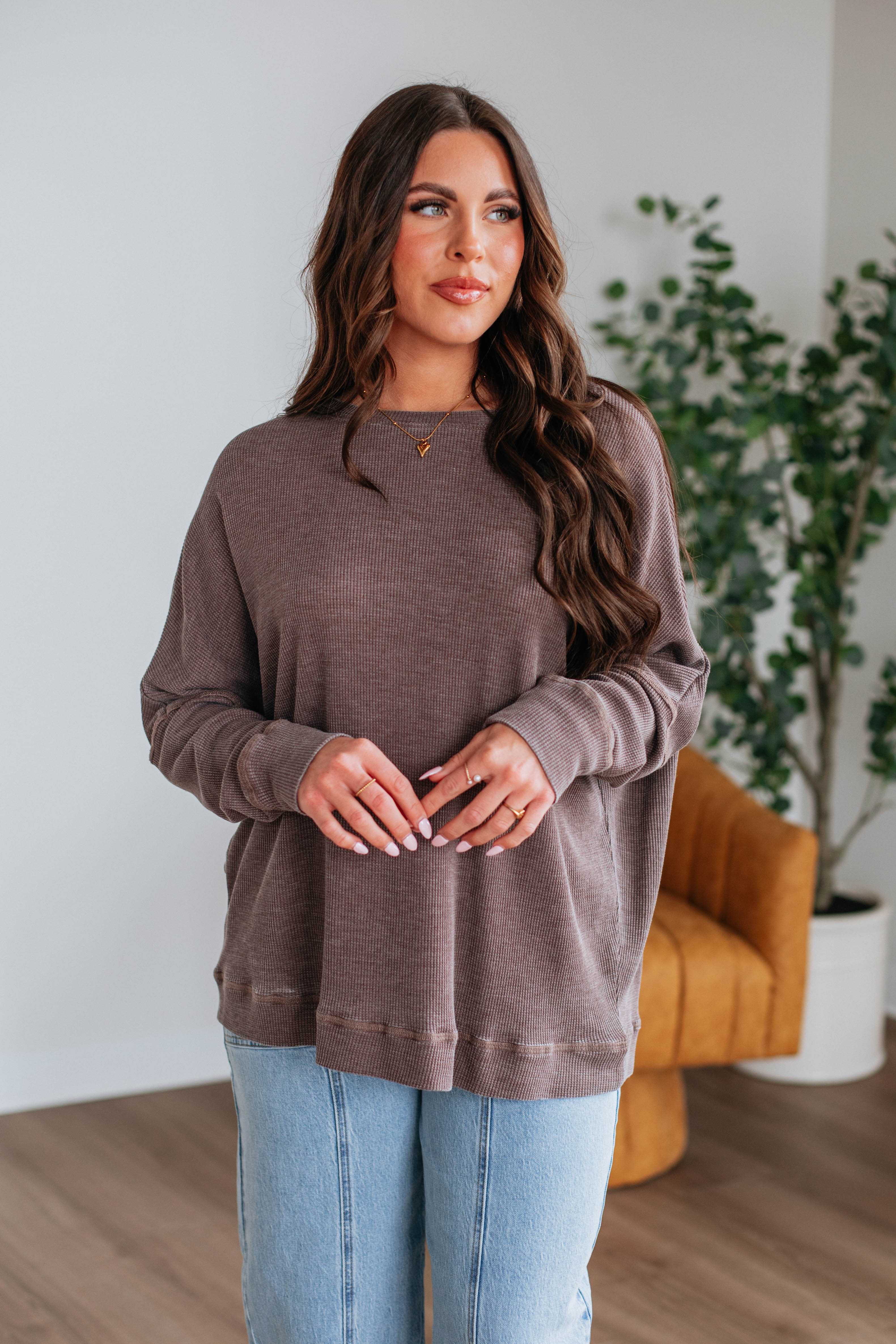 Breathable Waffle Knit Top for Women - Soft Chocolate Brown Long Sleeve Shirt | Perfect for Fall Layering, Casual Outfits & Coffee Dates