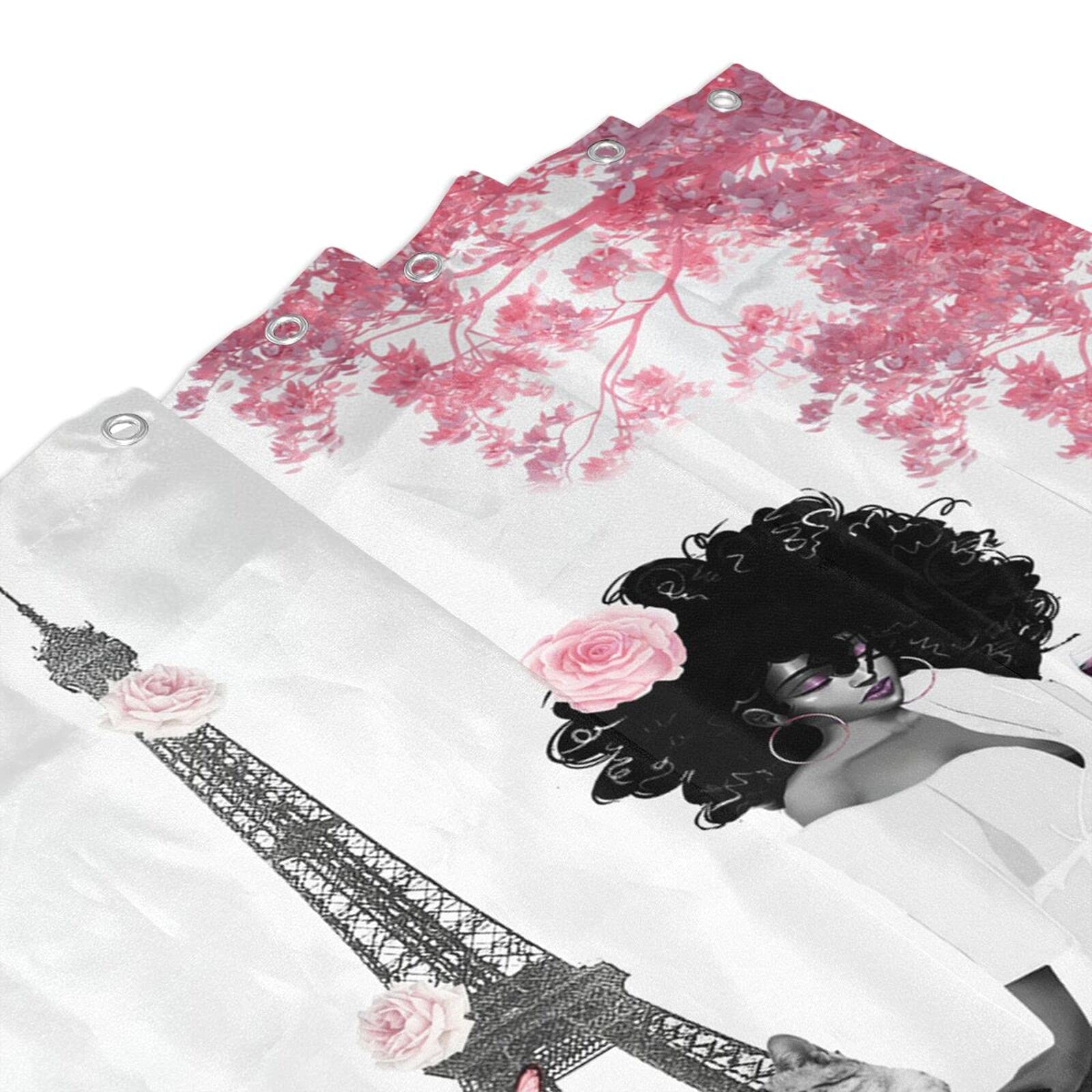 African American Shower Curtain - Stylish Black Woman & Eiffel Tower Design, Grey & Pink Waterproof Polyester Fabric Bath Curtain with Hooks, 66x72 Inches - Perfect for Modern Bathroom Decor & African American Home Aesthetics