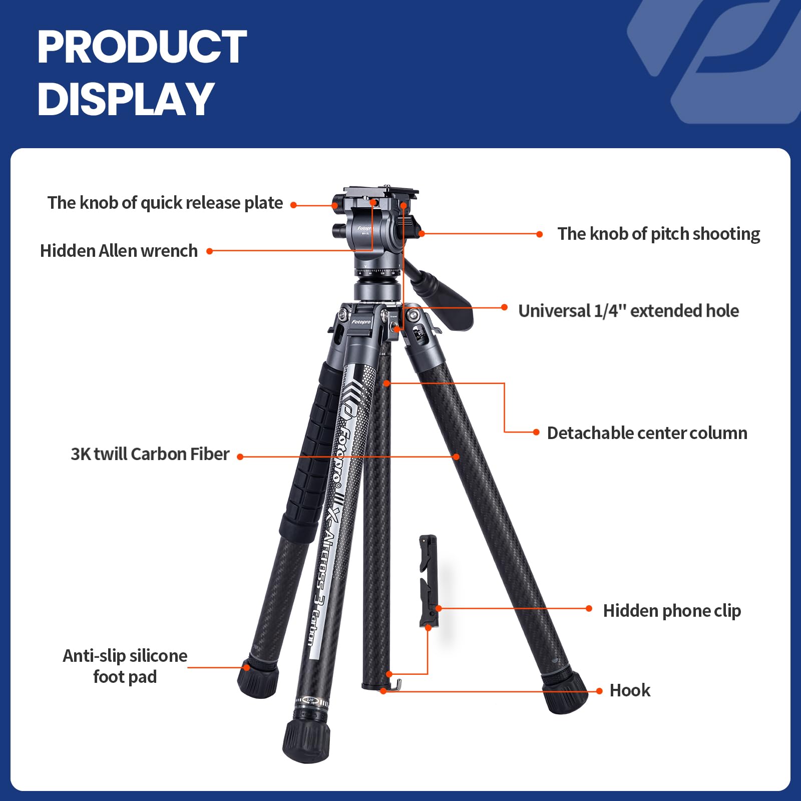 Fotopro 62 Inch Carbon Fiber Video Tripod - 2.27lbs Lightweight Travel Tripod with Fluid Head & Phone Clip - Professional DSLR Camera Tripod Supports 11lb Load - X-Aircross 3 Lite Video Grey - Perfect for Travel Vlogging, YouTube Videos & Outdoor Photography