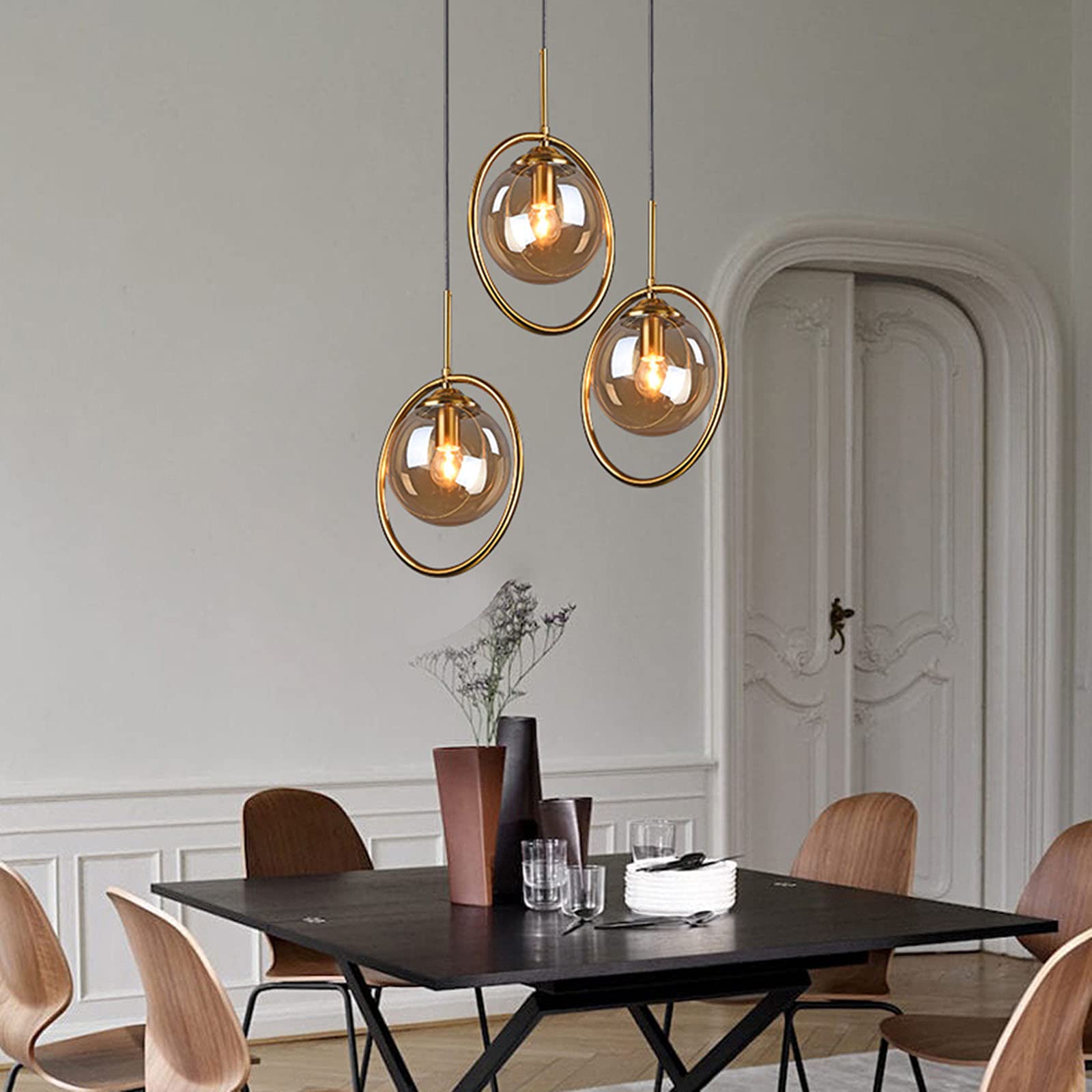 Vintage Industrial 3-Light Pendant Lighting Fixture - Brass Metal Ring with Glass Globe Shade, Retro Ceiling Hanging Lamp for Dining Room, Kitchen Island, Bar, or Living Room Chandelier (Amber)