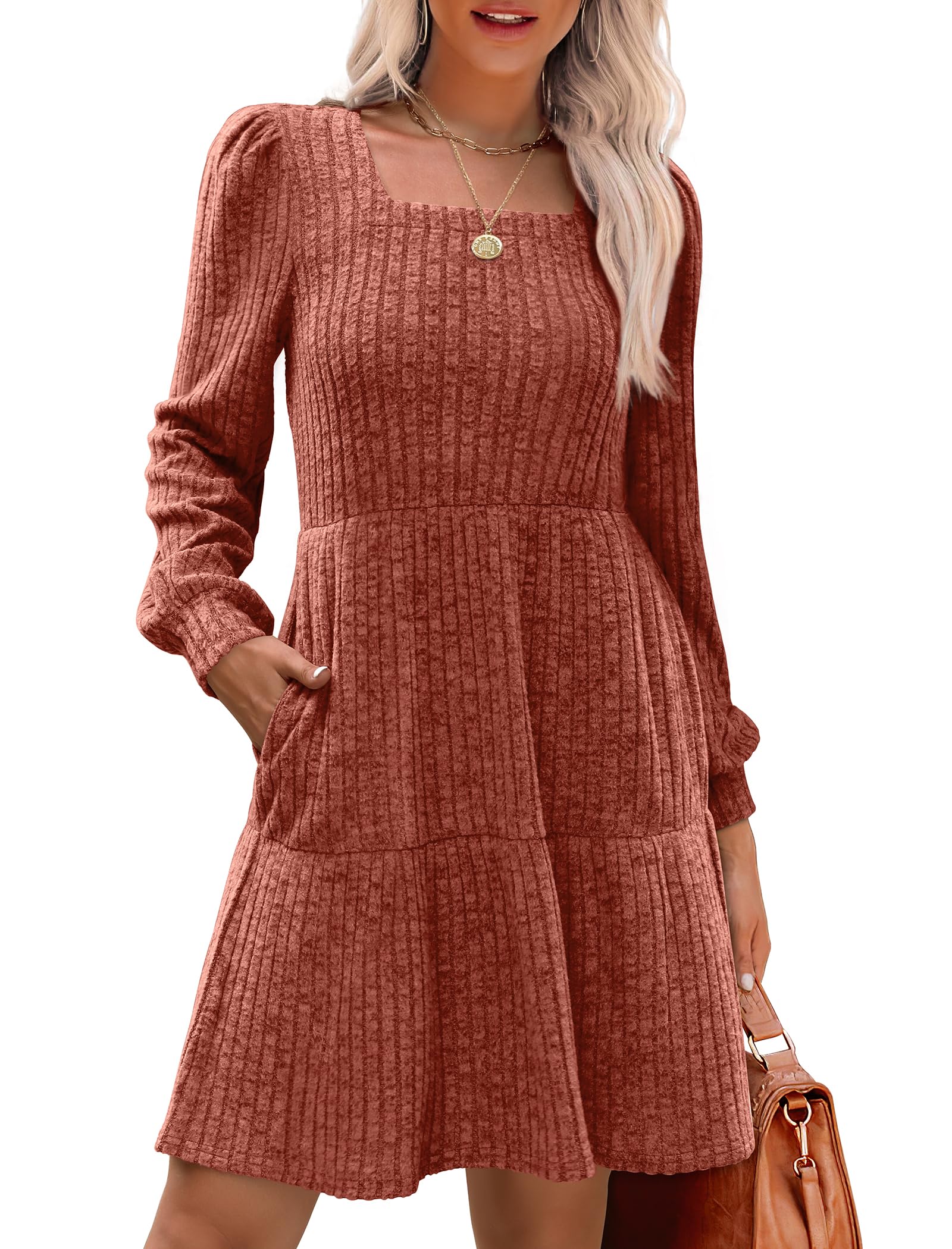 Elegant SAMPEEL Women's Square Neck Long Sleeve Sweater Dress for Fall | Casual Babydoll Style | Perfect for Office, Date Night & Autumn Outings