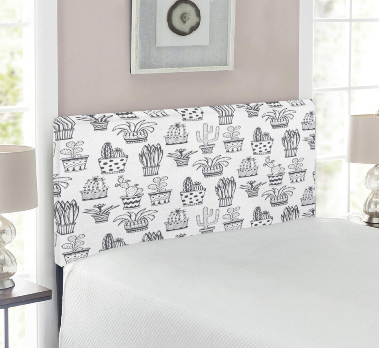 Ambesonne Twin Size Upholstered Metal Bed Headboard with Memory Foam - Cactus & Doodle Flowers in Pots Design, Grey & White Monochrome Tropical Plant Pattern | Perfect for Boho Bedroom Decor, Kids Room & Guest Room Makeover