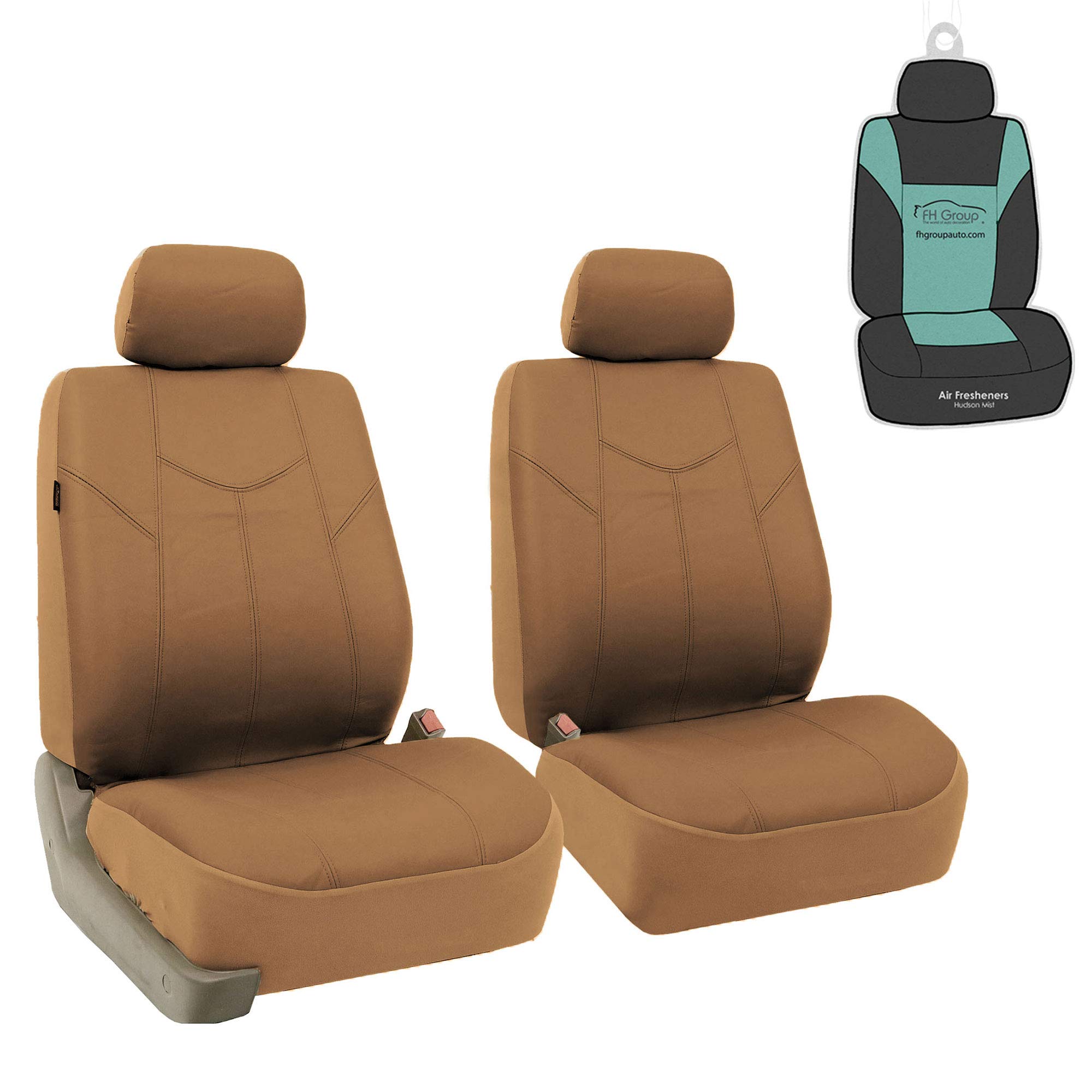 FH Group Car Seat Cover Cushion - 2 Pack Universal Fit Waterproof Faux Leather Seat Covers for Cars, Trucks & SUVs (Tan) - Comfortable & Durable Protection for Long Drives & Daily Commutes