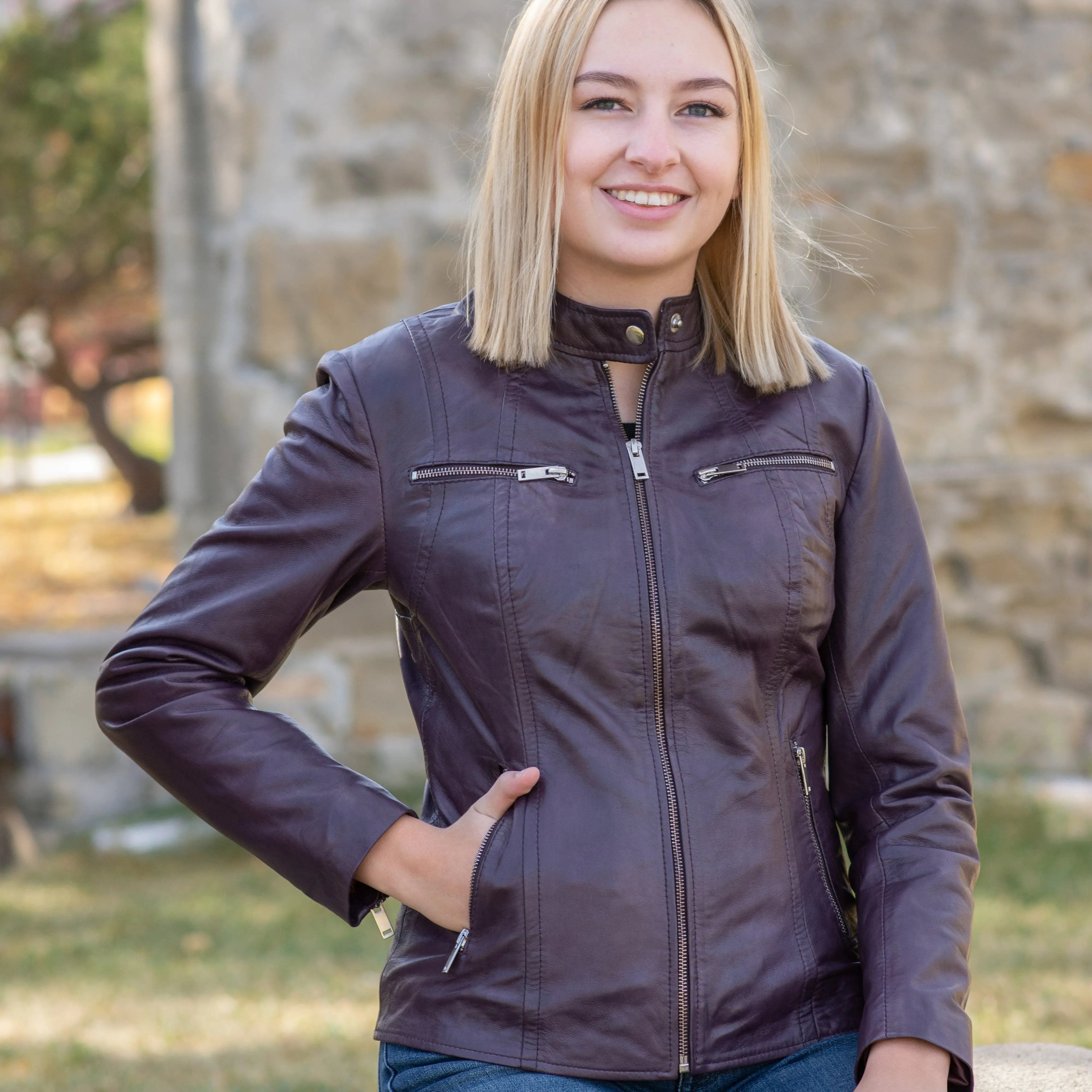 BOL Women's Zip Pocket Leather Jacket - Stylish Faux Leather Biker Jacket with Zipper Pockets for Casual Outings & Night Out