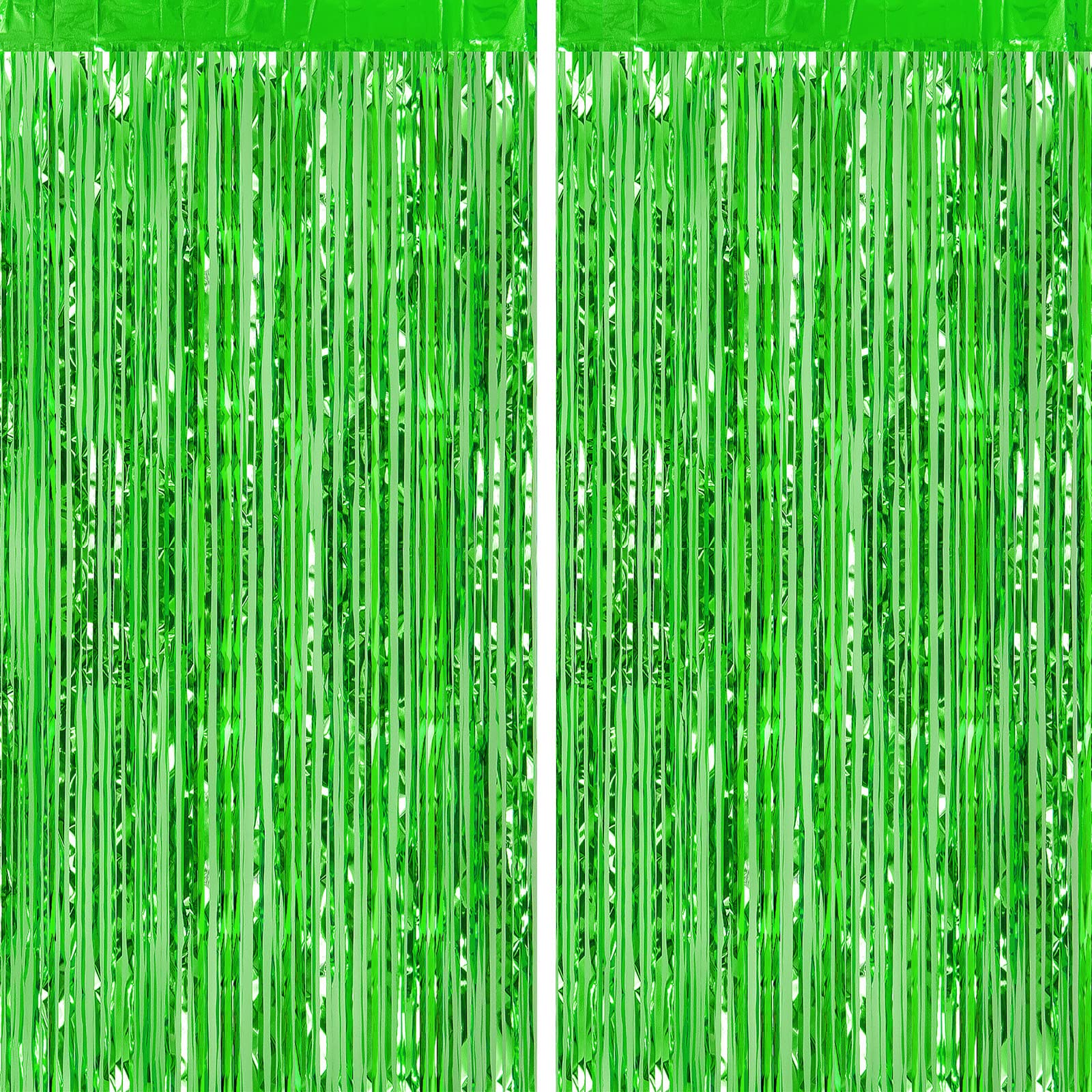 2 Pack 3ft x 8.3ft Green Tinsel Foil Fringe Curtains - Tropical Jungle Safari Party Decorations for Birthday, Christmas & Holiday Backdrops | Perfect for Photo Booths, Stage Decor & Event Streamers