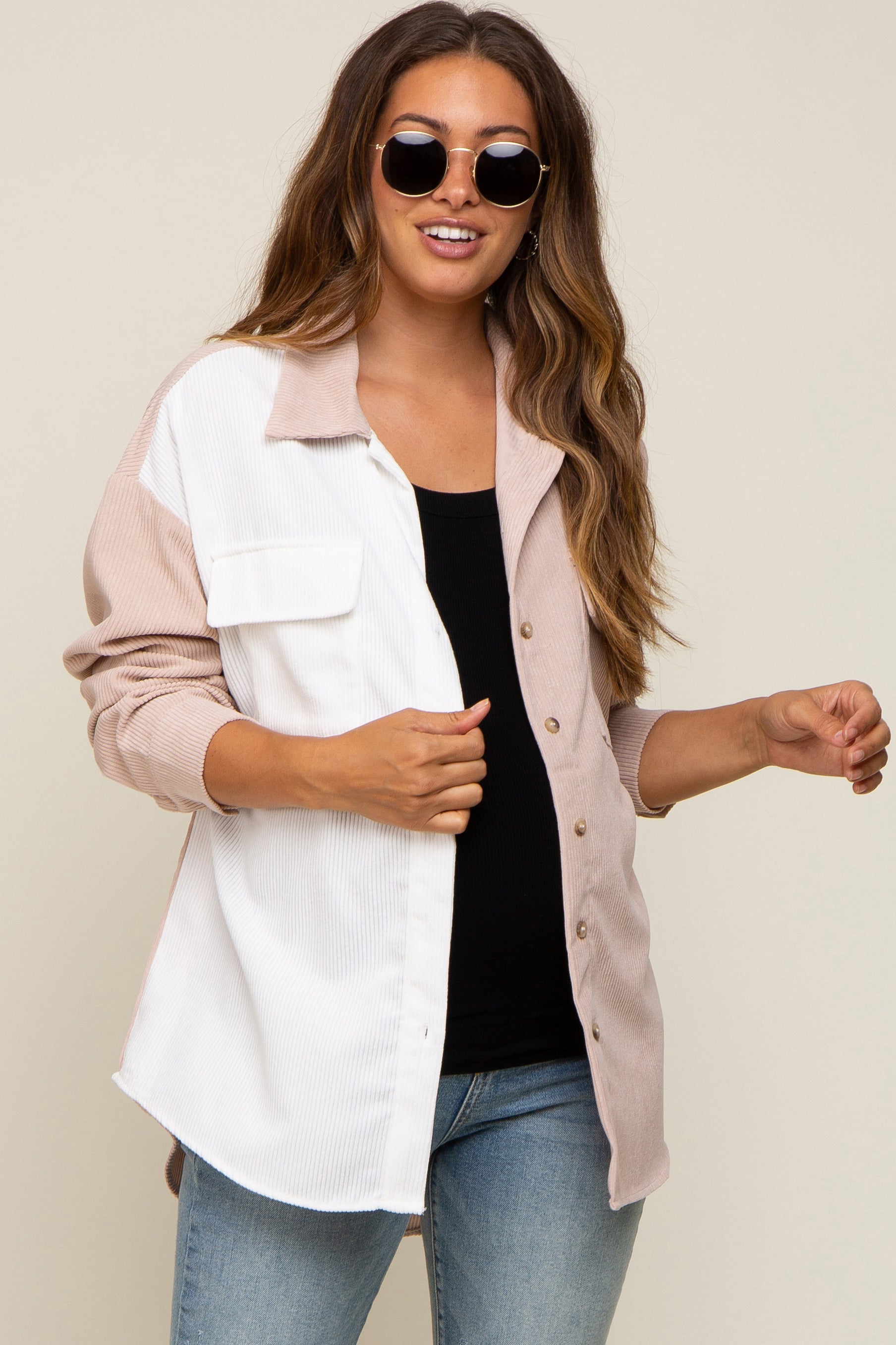 Beige Color Block Corduroy Button Down Maternity Shirt for Women - Comfortable Pregnancy Blouse for Work, Casual Outfits & Maternity Photos