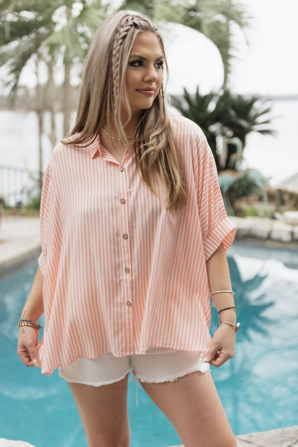 Coral Striped Short Sleeve Blouse for Women - Summer Casual Tops - Beach Vacation & Office Wear