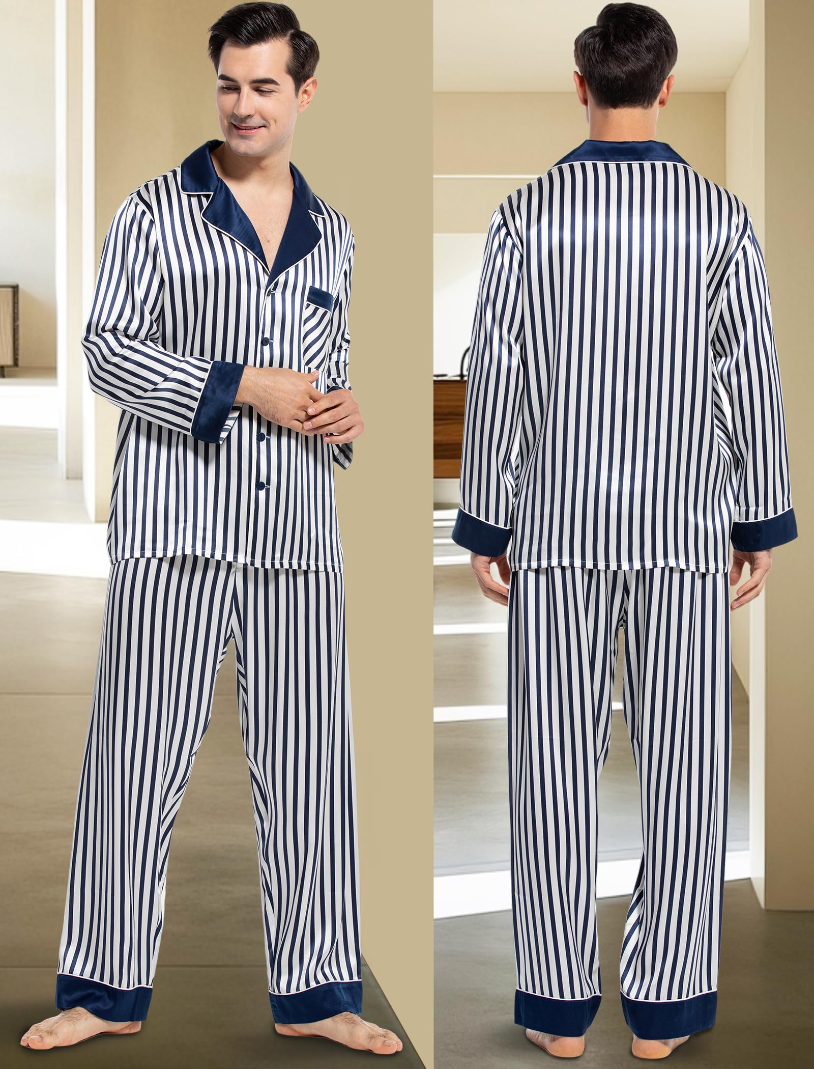 Luxury Men's Silk Pajama Set - 100% Pure Silk Long Sleeve Button Down Sleepwear - Comfortable 2-Piece Pajamas for Men - Perfect for Relaxing at Home, Lounging & Gift Giving