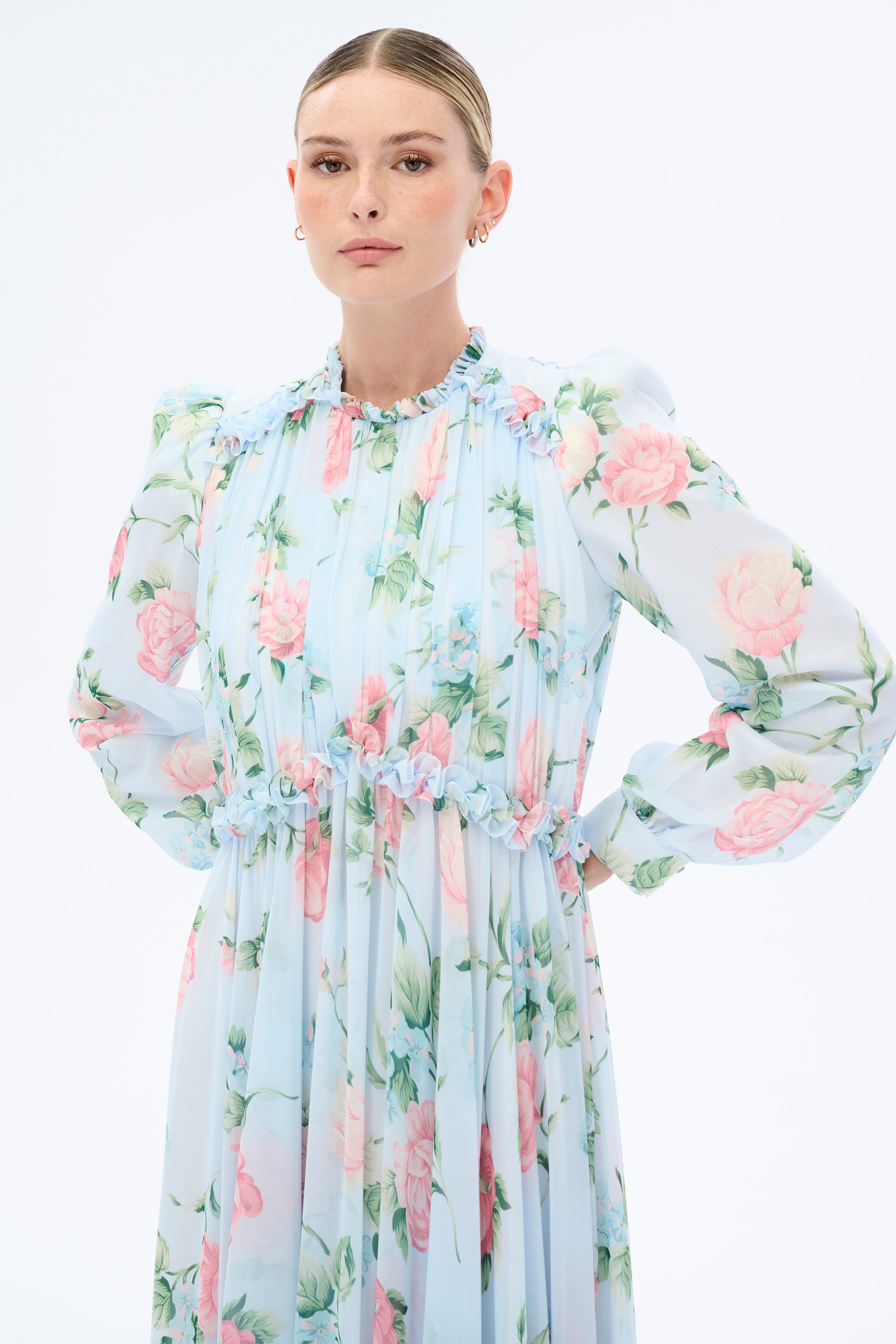 Elegant Floral Long Sleeve Maxi Dress for Women | Boho Chic Morning Blues Dress | Perfect for Spring Weddings, Beach Vacations & Date Nights