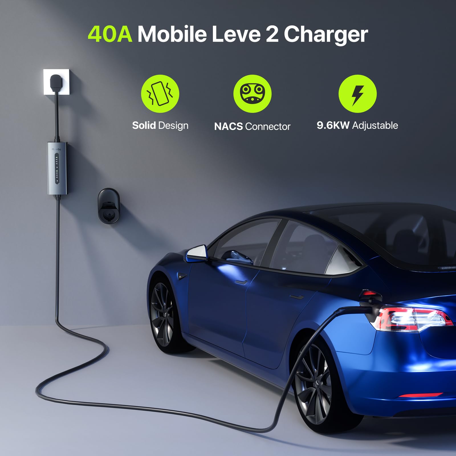 Tesla Level 2 EV Charger 40A 240V NACS with 14-50 Plug & 25FT Cable | 9.6KW Portable Charging Station | Adjustable 15-40A Current | Compatible with Model 3/S/Y/X | Home & Travel Electric Vehicle Charging Solution