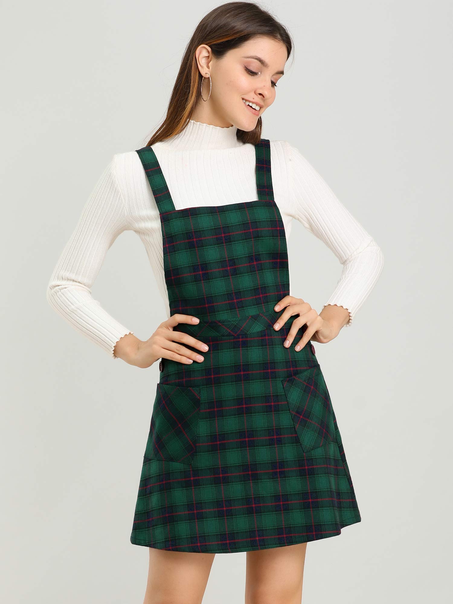 Allegra K Women's Plaid Tartan Button Decor A-Line Pinafore Jumper Dress - Stylish Casual Outfit for Fall, Winter, and Holiday Season