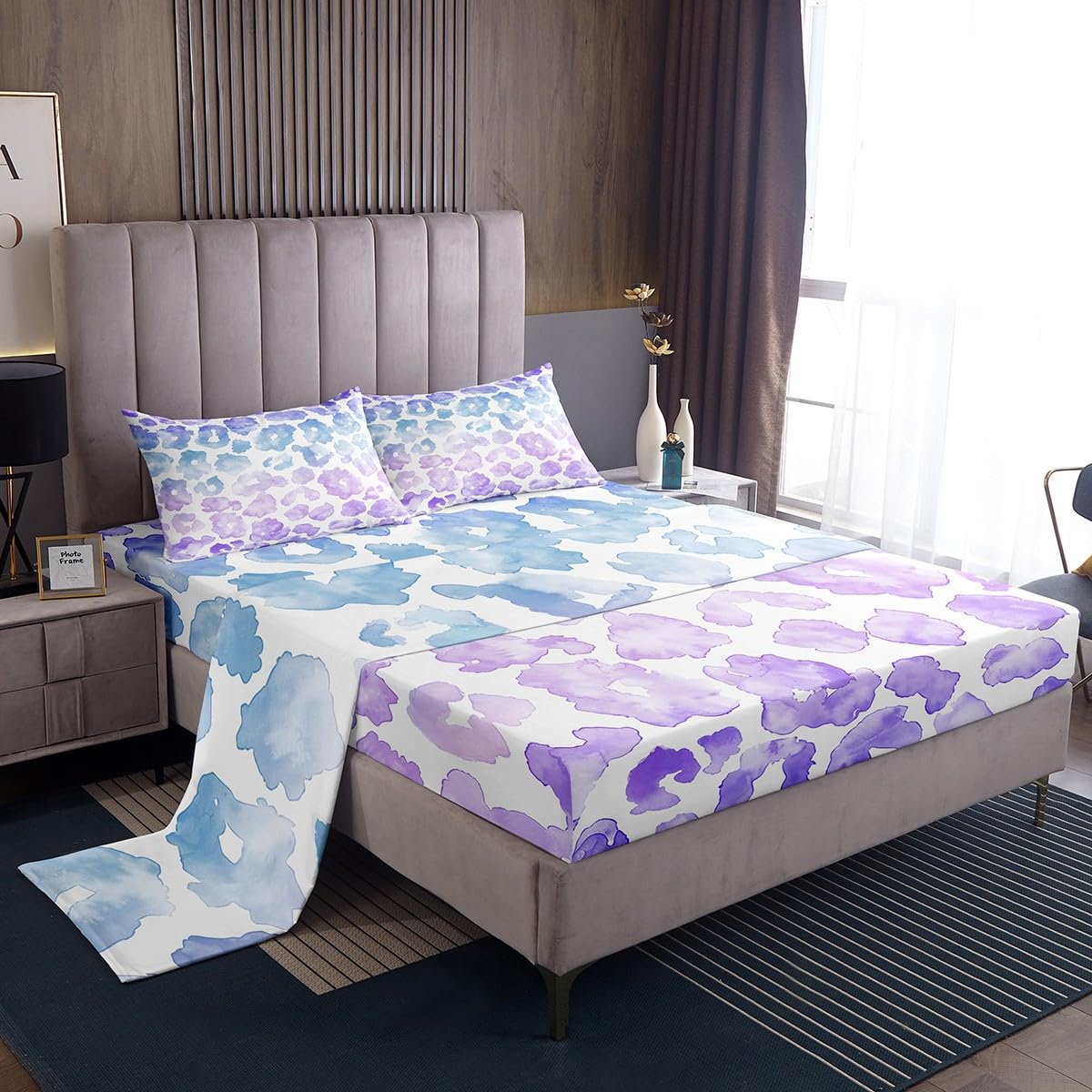 Castle Fairy Watercolor Leopard Print Sheet Set - Full Size Kids Bedding for Boys & Girls (Blue Purple Gradient) Includes 1 Flat Sheet, 1 Fitted Sheet & 2 Pillowcases - Soft & Stylish Bedroom Decor for Children's Rooms, Sleepovers & Nursery