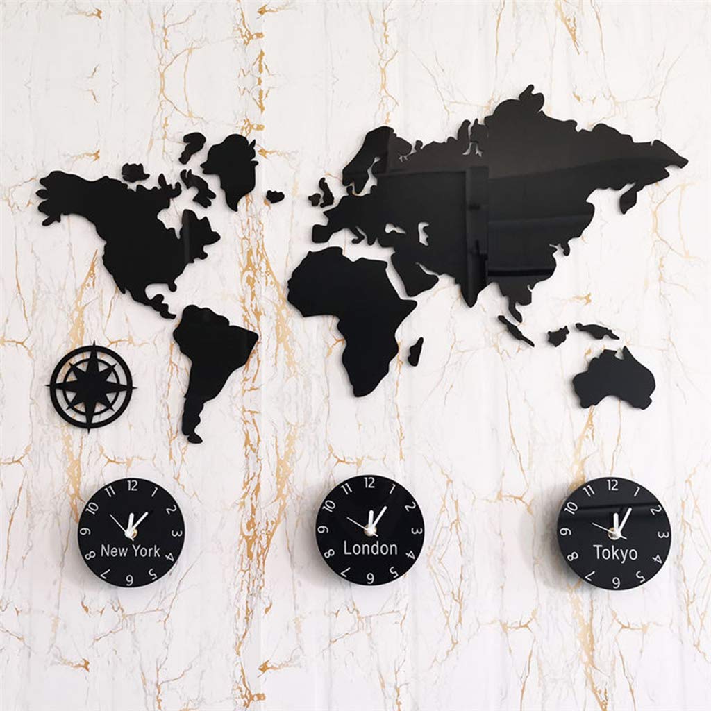 QHW DIY Creative Multi-Time Zone Wall Clock - Large 3D World Map Clock for Home & Office - Black Nordic Minimalist Wall Decor (31.4x22 inches) - Perfect for Living Room, Bedroom, or Workspace