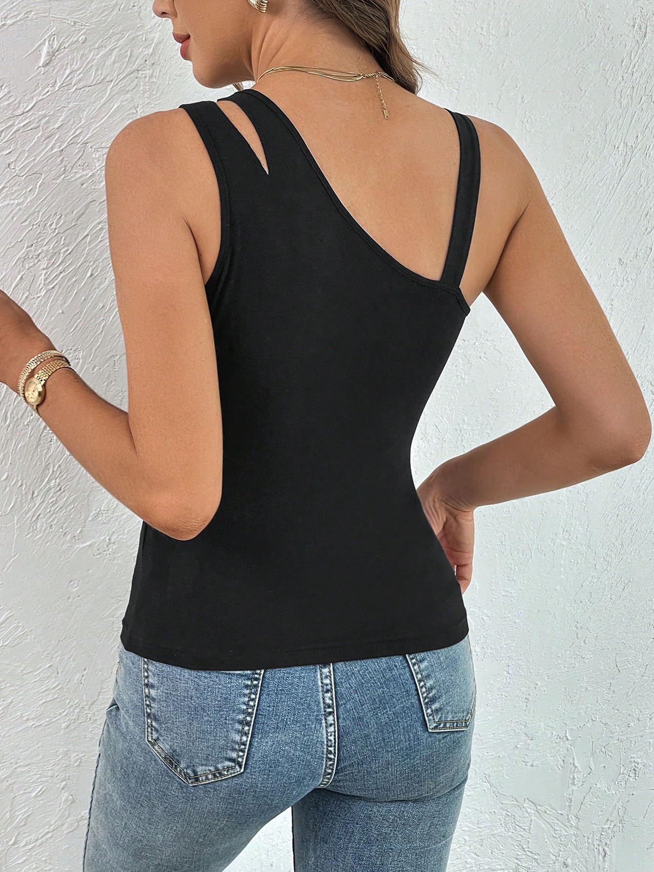 Floerns Women's Solid Cut Out One Shoulder Sleeveless Rib Knit Tank Top - Sexy Casual Summer Tops for Beach, Party & Date Night Outfits