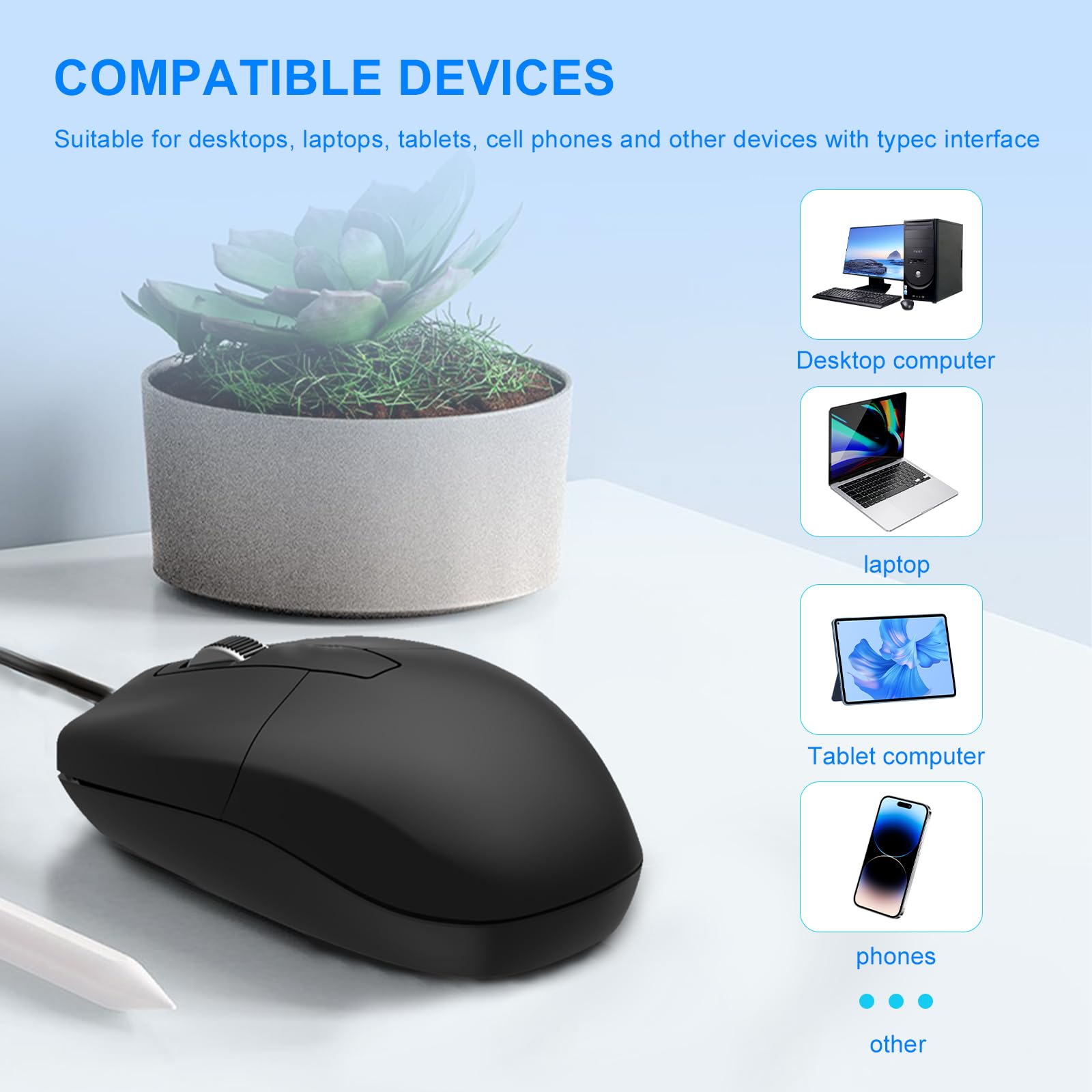 USB C Wired Mouse - Type C Optical Mouse with Silent Click & Ergonomic Design - Compatible with MacBook, Laptop, PC, Android - Perfect for Office, Travel & Gaming