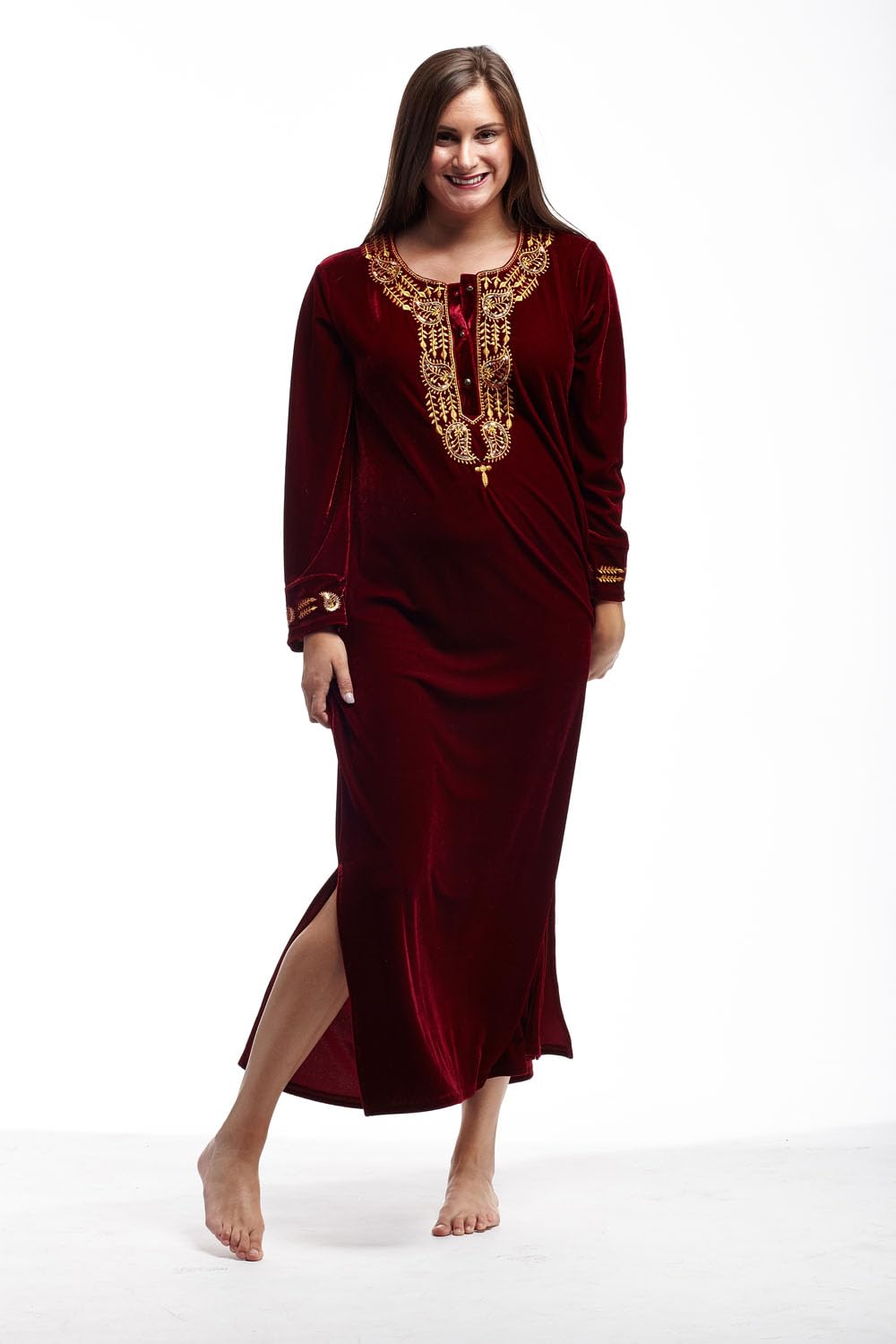LA CERA Women's Velvet Embroidered Dress - Elegant Scoop Neck Long Sleeve Party Gown with Side Pockets | Hand Wash Only | Perfect for Holiday Parties, Weddings & Special Occasions