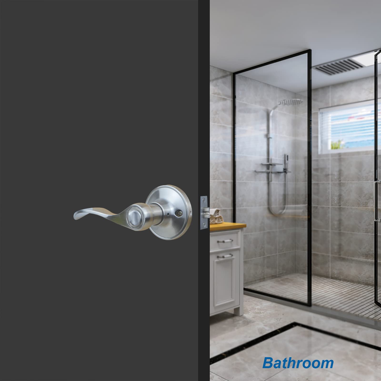 Wave Style Door Lever Handleset - Keyless Privacy Function for Interior Bathroom & Bedroom - Satin Nickel Finish - Left/Right Handed - 1 Pack - Perfect for Home Renovation & Modern Interior Design