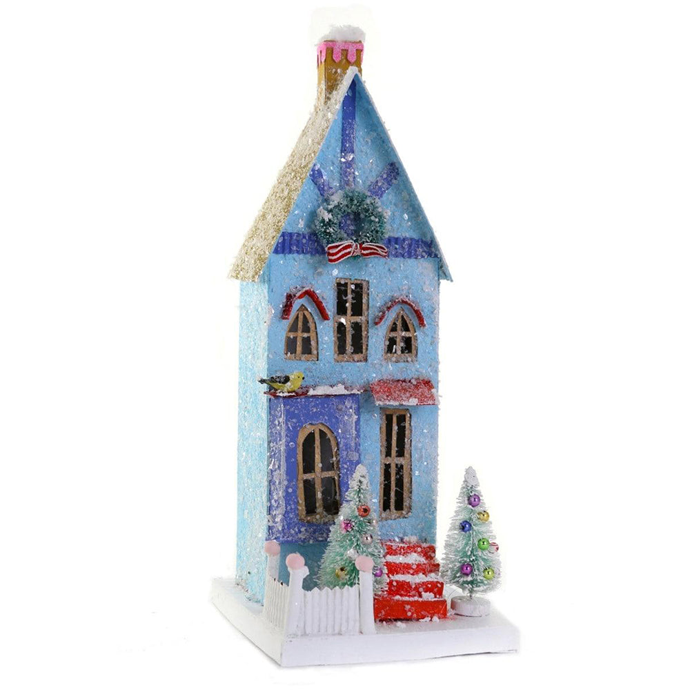 Blue Townhouse Miniature Putz Cottage - Vintage Christmas Village Decor for Holiday Displays & Home Collectibles