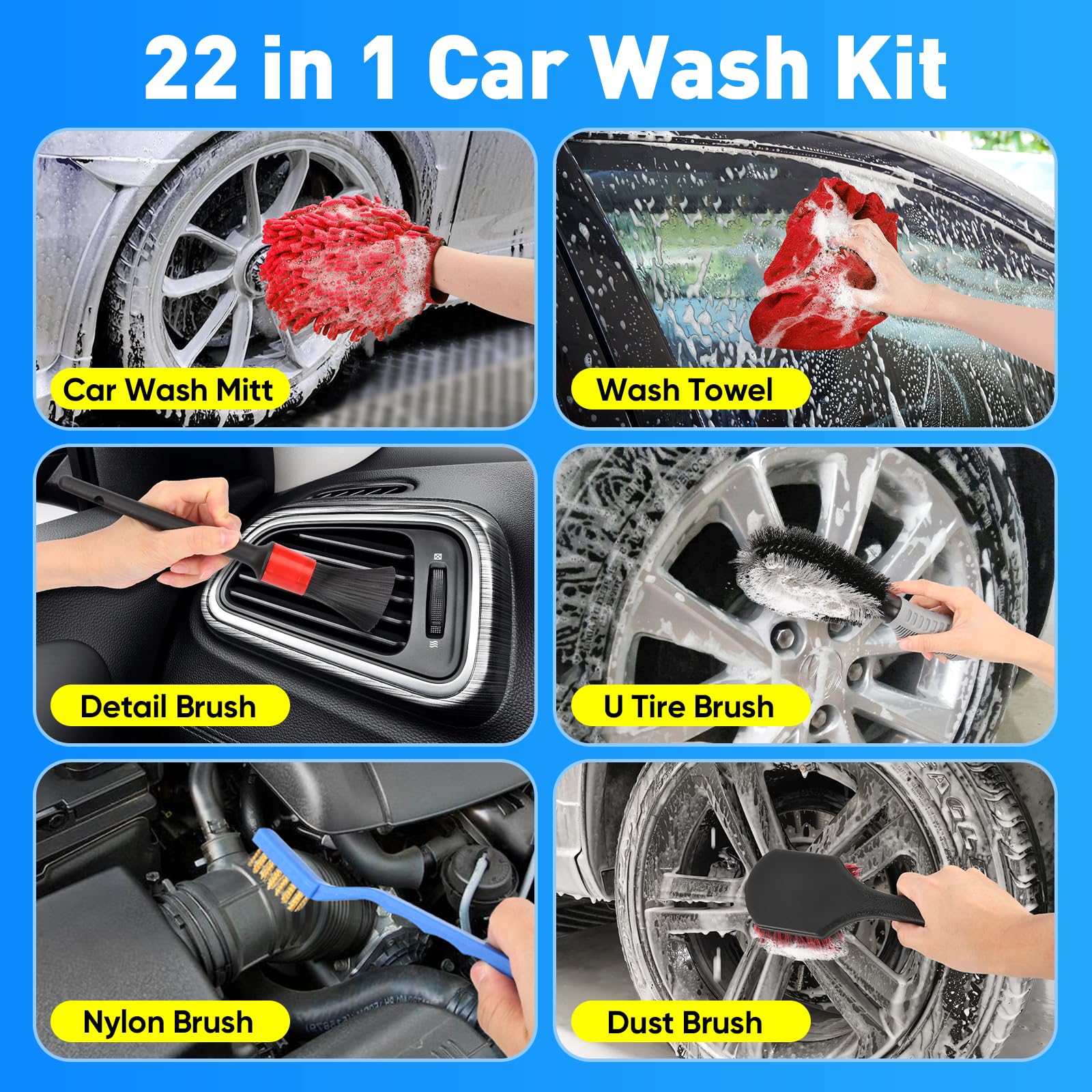 Premium Car Wash Foam Gun Kit - 22pc Foam Cannon with Adjustable 2.5-6 Ratio Dial, 1L Bottle, Nozzles & Wash Mitt - 1/2