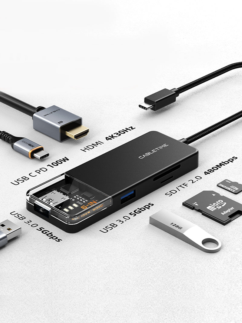 6-in-1 USB C Hub with 4K HDMI, 100W PD, 3 USB Ports - Expand Connectivity for MacBook Pro/Air, iPad Pro, Chromebook & More - Perfect for Home Office, Travel & Remote Work