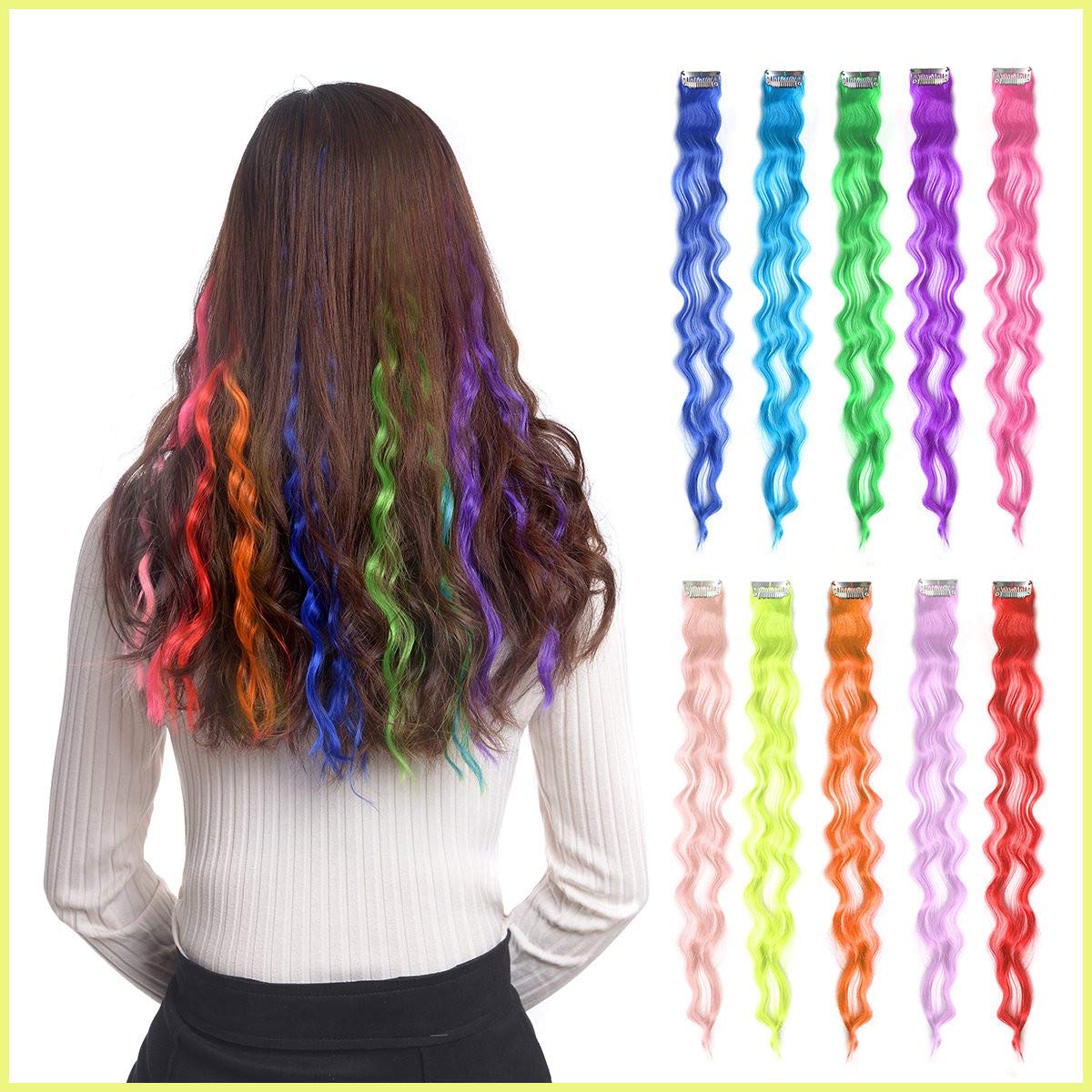 Kabello Clip-On Colored Streak Hair Extensions for Women - 2-Piece Curly Hair Highlight Extensions in Medium Brown | Perfect for Parties, Cosplay & Daily Styling