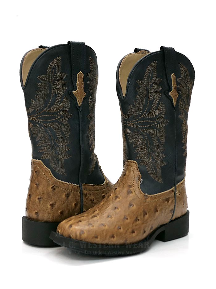 Roper 1526TA Kids Cowboy Boots - Western Square Toe Ostrich Leather Boots for Boys & Girls in Tan/Navy - Perfect for Rodeo, Horse Riding & Country Style Outfits