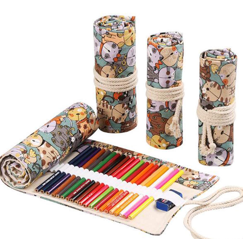 FZBNSRKO 72-Slot Colored Canvas Pencil Case Roll - Cute Cat Design for Students, Artists & Adults | Perfect for School, Travel & Art Supply Organization