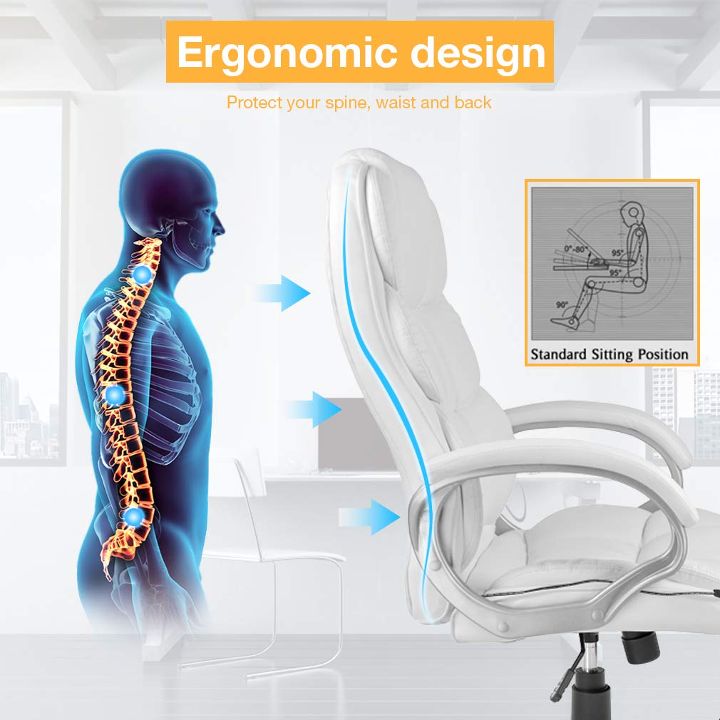 Best Ergonomic Office Chair - White Faux Leather Executive Chair with Lumbar Support, Massage & Vibration, 360° Swivel & Adjustable Armrests - Perfect for Home Office, Gaming, and Corporate Workspaces