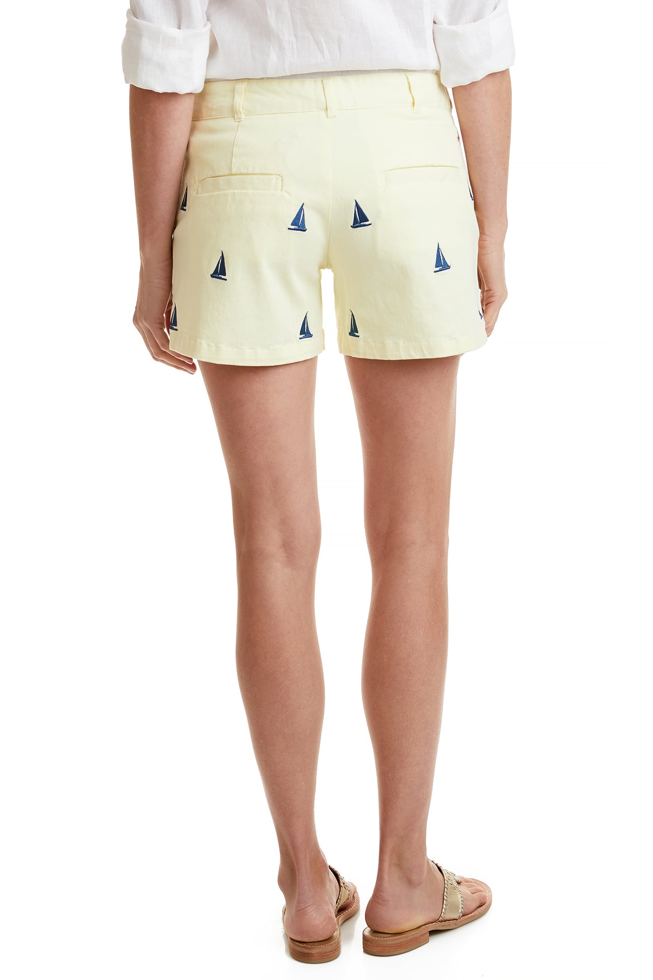Men's Sailing Shorts - Stretch Twill Fabric in Neon Yellow with Sailboat Design - Perfect for Boating, Beach Outings & Summer Adventures