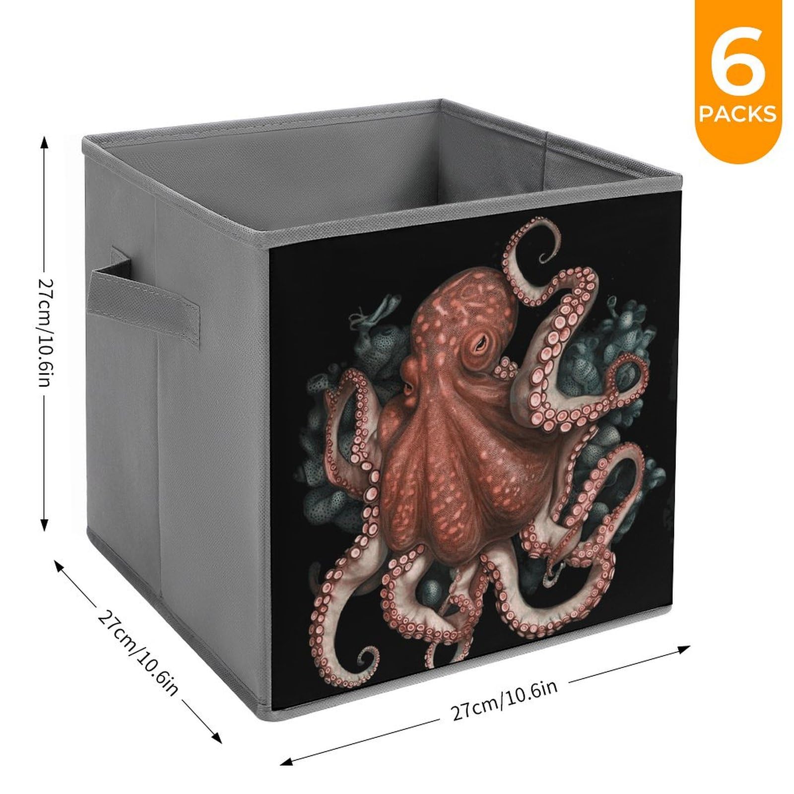 6-Piece Collapsible Storage Bins with Handles - Octopus Design Foldable Storage Boxes for Home Organization, Closet, Pantry & Shelves | Space-Saving Multi-Purpose Storage Baskets for Toys, Books & Household Items