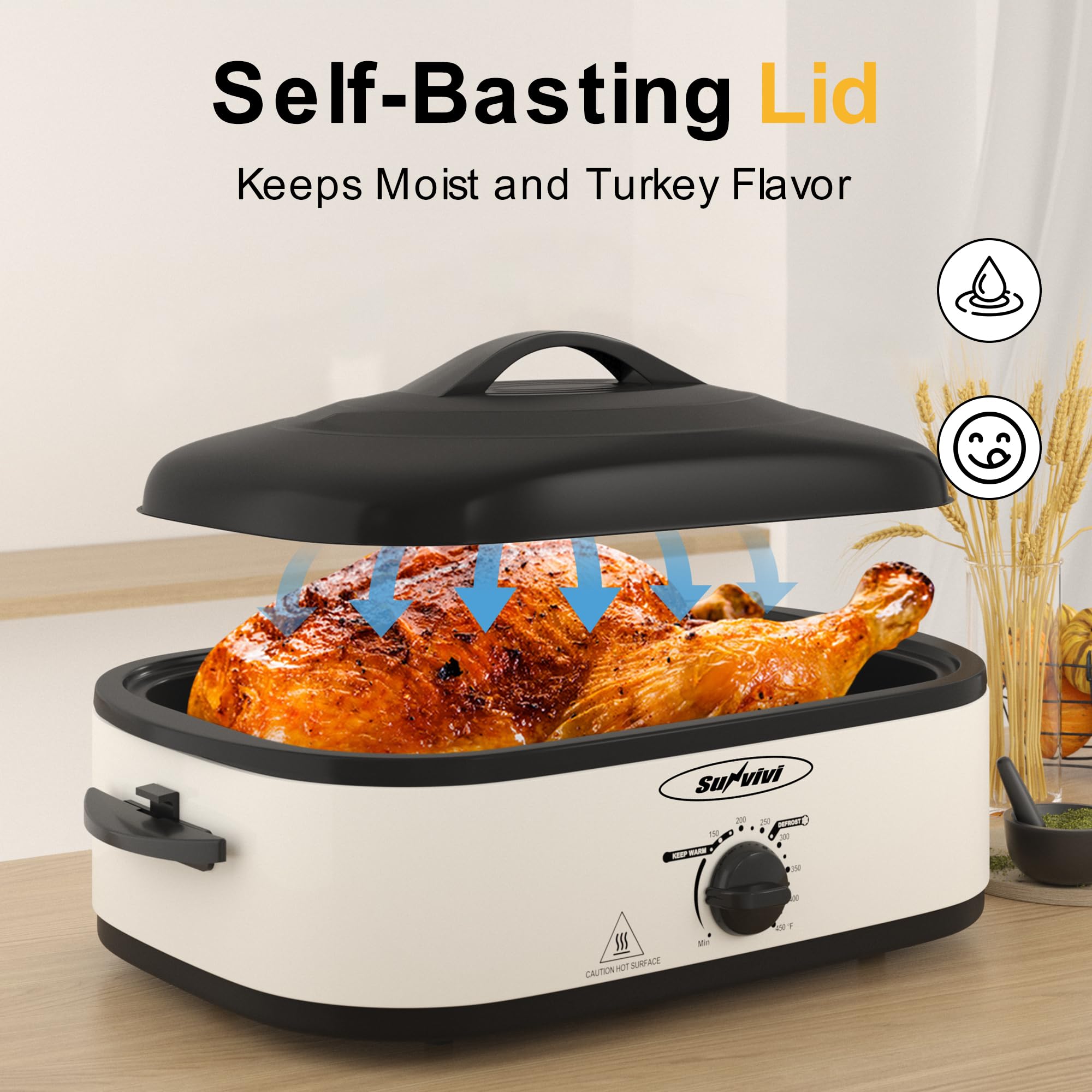 Sunvivi 14-Quart Electric Roaster Oven with Self-Basting Lid - Stainless Steel Turkey Roaster with Removable Pan & Rack - Perfect for Thanksgiving, Holiday Cooking & Large Family Gatherings (White)
