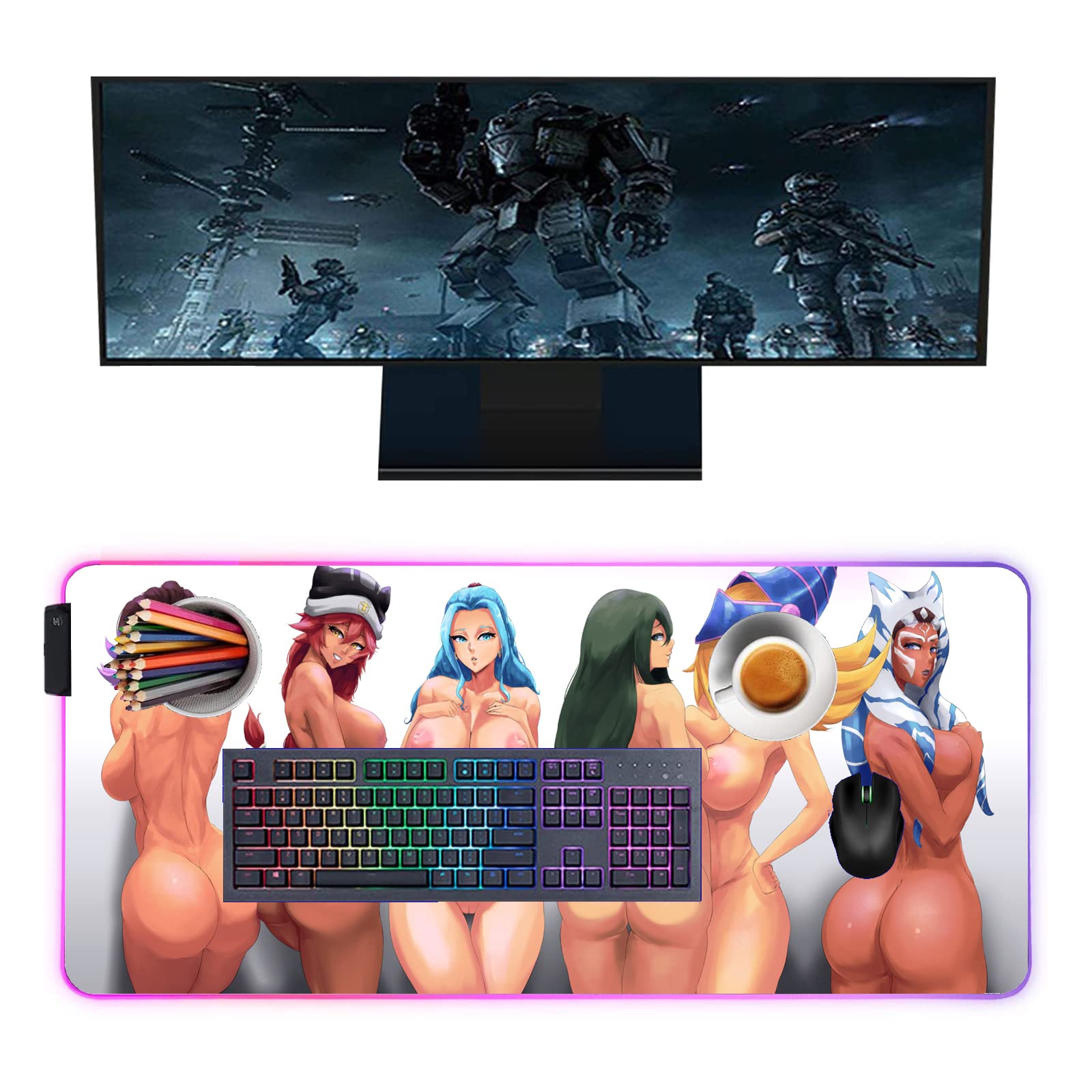 Large RGB Gaming Mouse Pad with Anime Girl Design - 39.37 x 19.68 Inch LED Backlit Desk Mat for PC Gamers | Perfect for Gaming Setups, Office Work & Streaming Stations