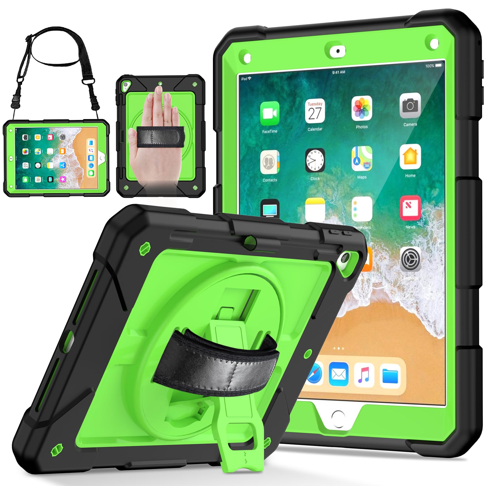 LTROP Shockproof iPad Case for iPad 6th/5th Generation & iPad Air 2 (9.7 Inch) - 3-Layer Protective Kids Case with Pencil Holder, Swivel Stand & Hand Strap for iPad 2018/2017 - Green & Black - Perfect for School, Travel & Home Use