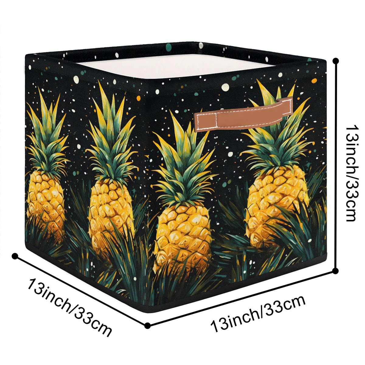 13 Inch Collapsible Black Bottom Yellow Pineapple Storage Basket - Rectangle Shelves Bin Organizer with Leather Handle for Closet, Home Decor & Bedroom Storage | Perfect for Organizing Toys, Blankets & Laundry