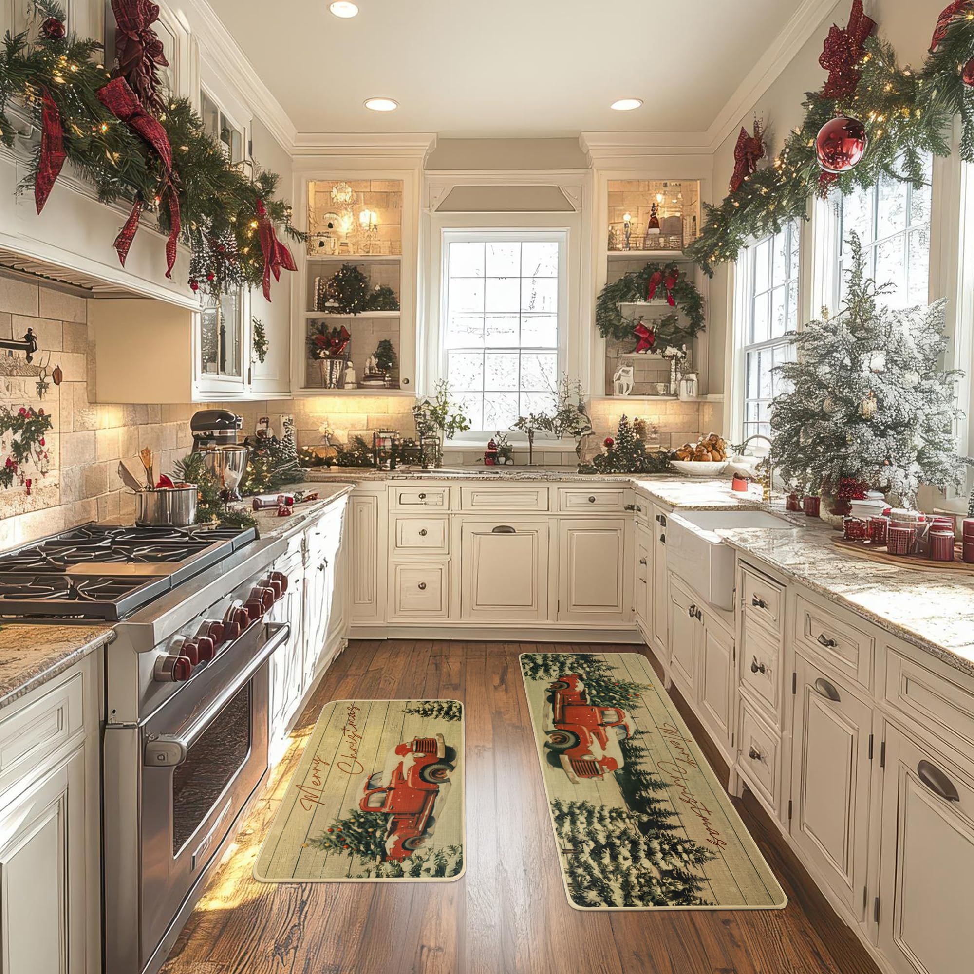 GRANNY SAYS Christmas Kitchen Rugs Set of 2, Washable Holiday Floor Mats 17x30 & 17x47, Farmhouse Truck Design, Indoor Christmas Decor for Kitchen, Dining Room, and Entryway