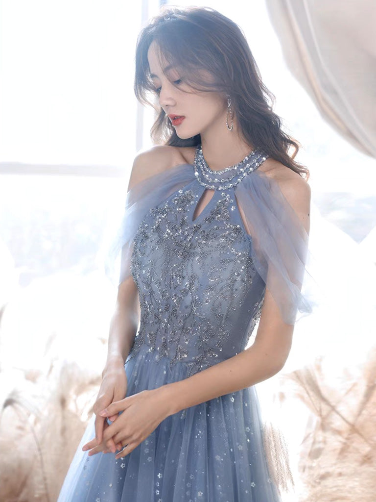 Elegant Off-Shoulder A-Line Tulle Prom Dress in Blue with Lace Details - Perfect for Formal Dances, Weddings & Special Occasions
