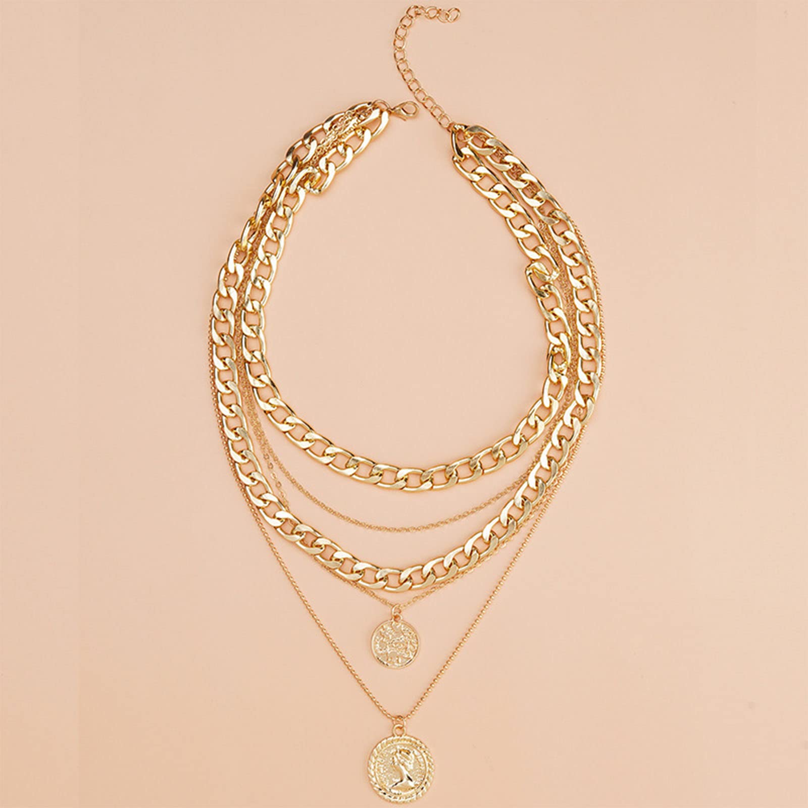 Sttiafay Punk Chunky Chain Necklace - Exaggerated Layered Cuban Link Necklace with Multilayer Carved Coin Pendant | Thick Gold Choker Jewelry for Women | Perfect for Punk Fashion, Gothic Style & Layered Necklace Looks