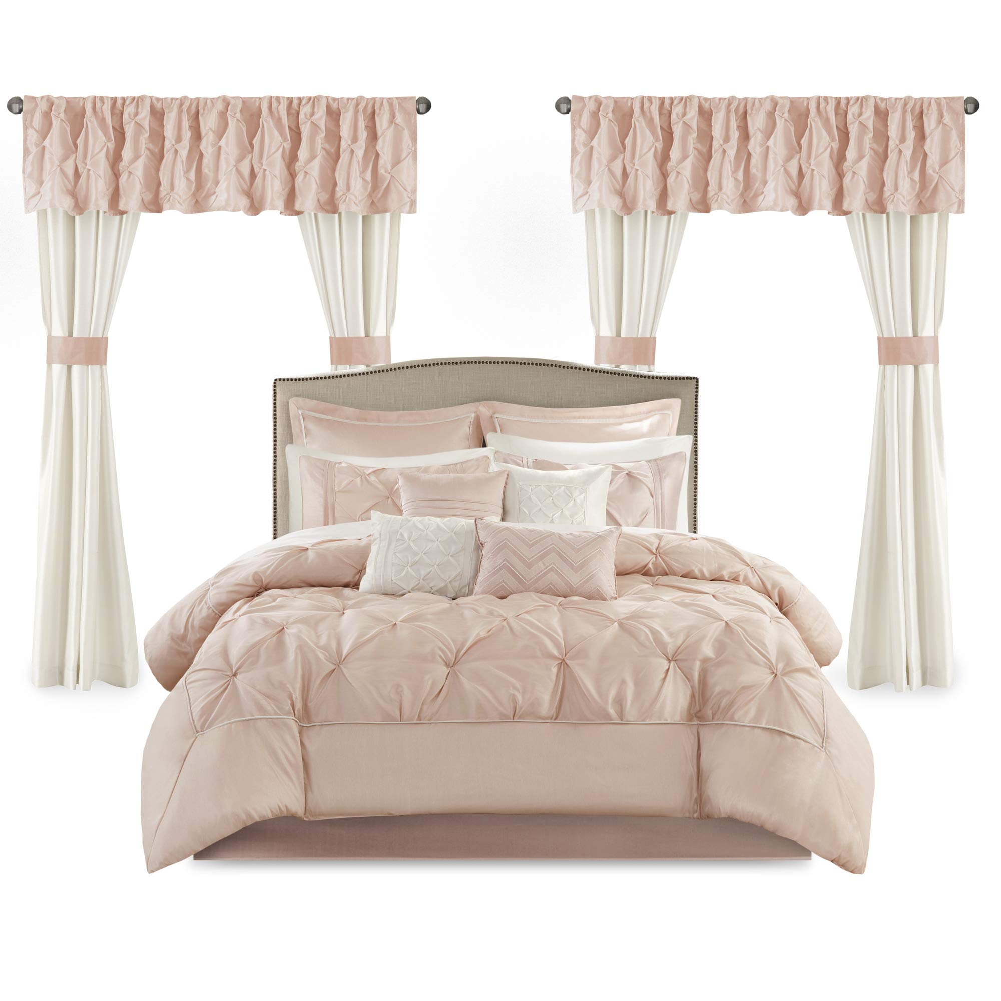 Madison Park Essentials Room in a Bag Faux Silk Comforter Set - King Size 24-Piece Luxury Bedding Set with Diamond Tufting, Matching Curtains & Decorative Pillows, All-Season Blush Comforter (104