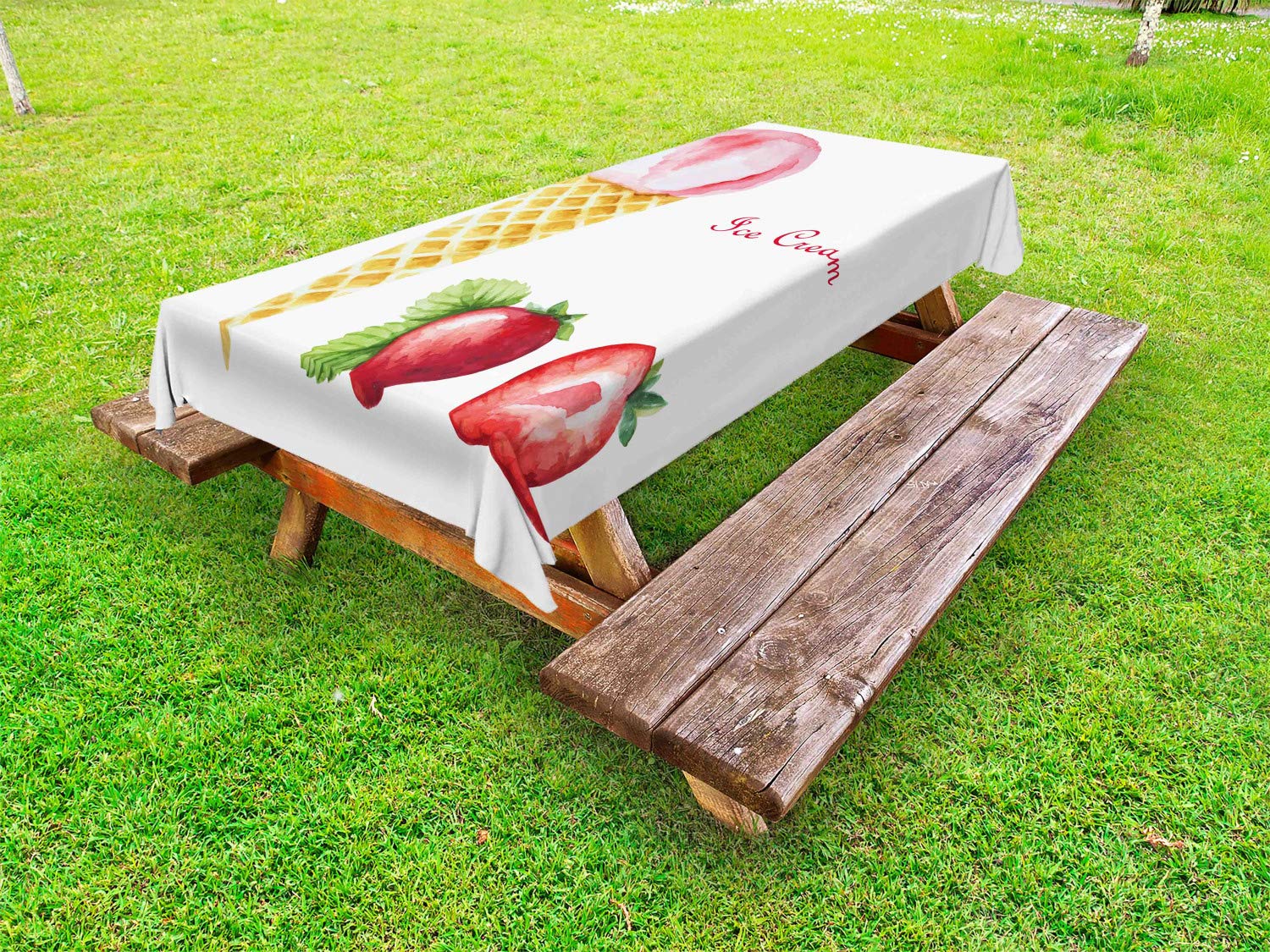 Ambesonne Watercolor Strawberry Ice Cream Print Outdoor Tablecloth - Washable Picnic Table Cover 58