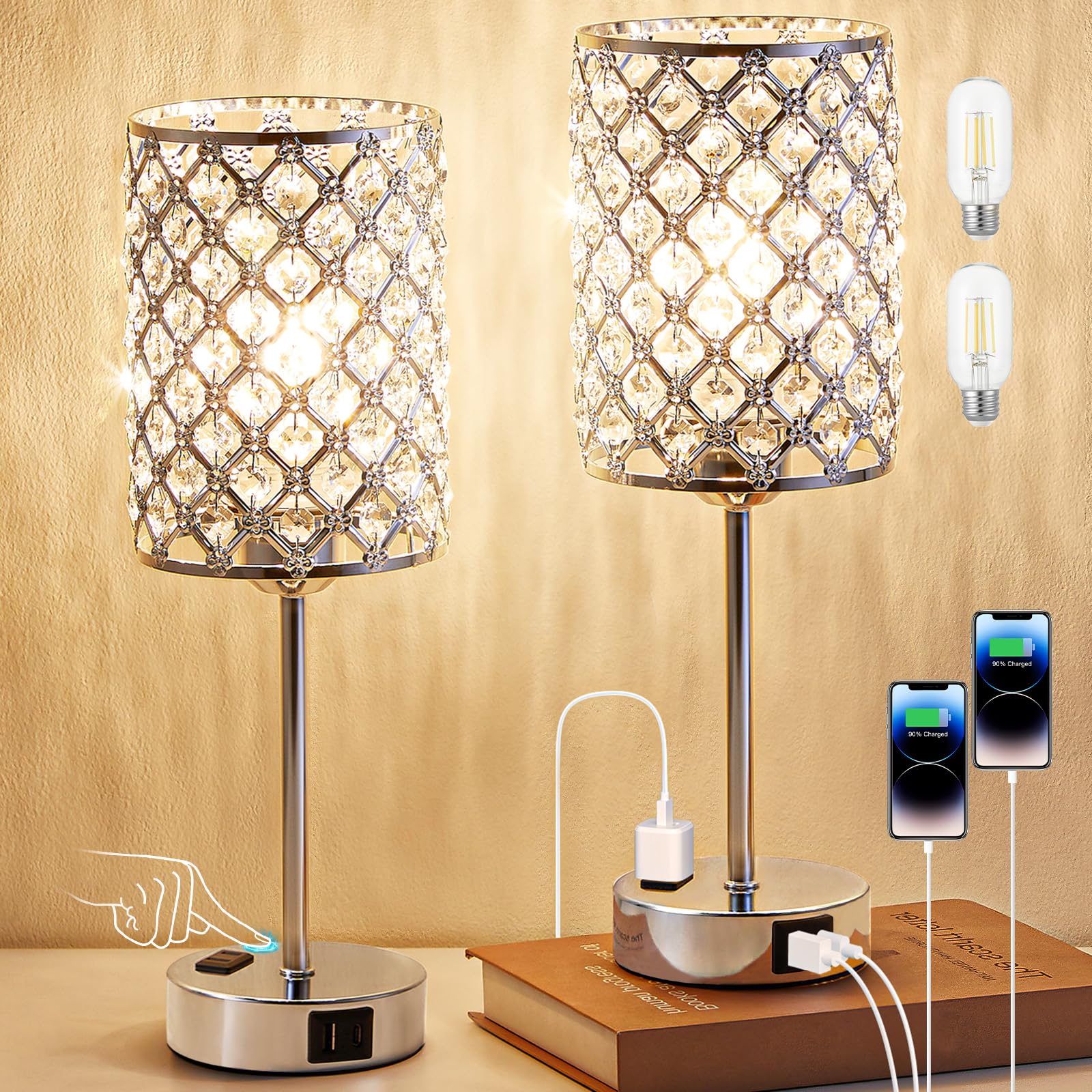 2-Pack Crystal Table Lamps with USB-C & AC Outlet - Silver Nightstand Touch Lamps, 3-Way Dimmable LED Bedside Lamps for Bedroom & Living Room - Perfect for Reading, Working & Creating Cozy Ambiance (Bulbs Included)