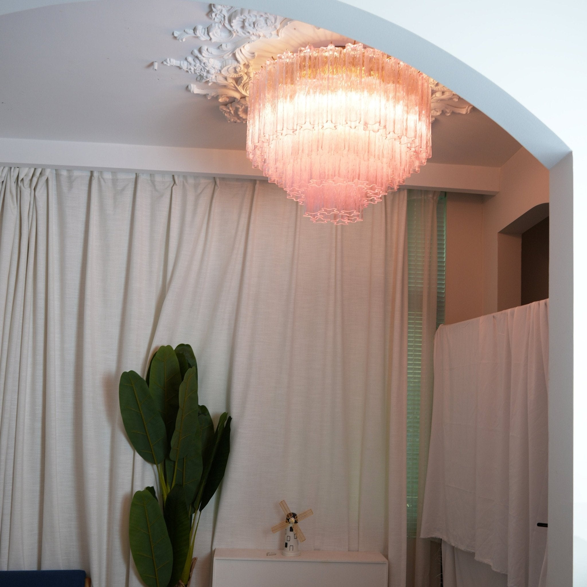 Murano Pink Glass Ceiling Light Fixture - Handcrafted Italian Glass Pendant Chandelier for Dining Room, Bedroom & Living Room Decor