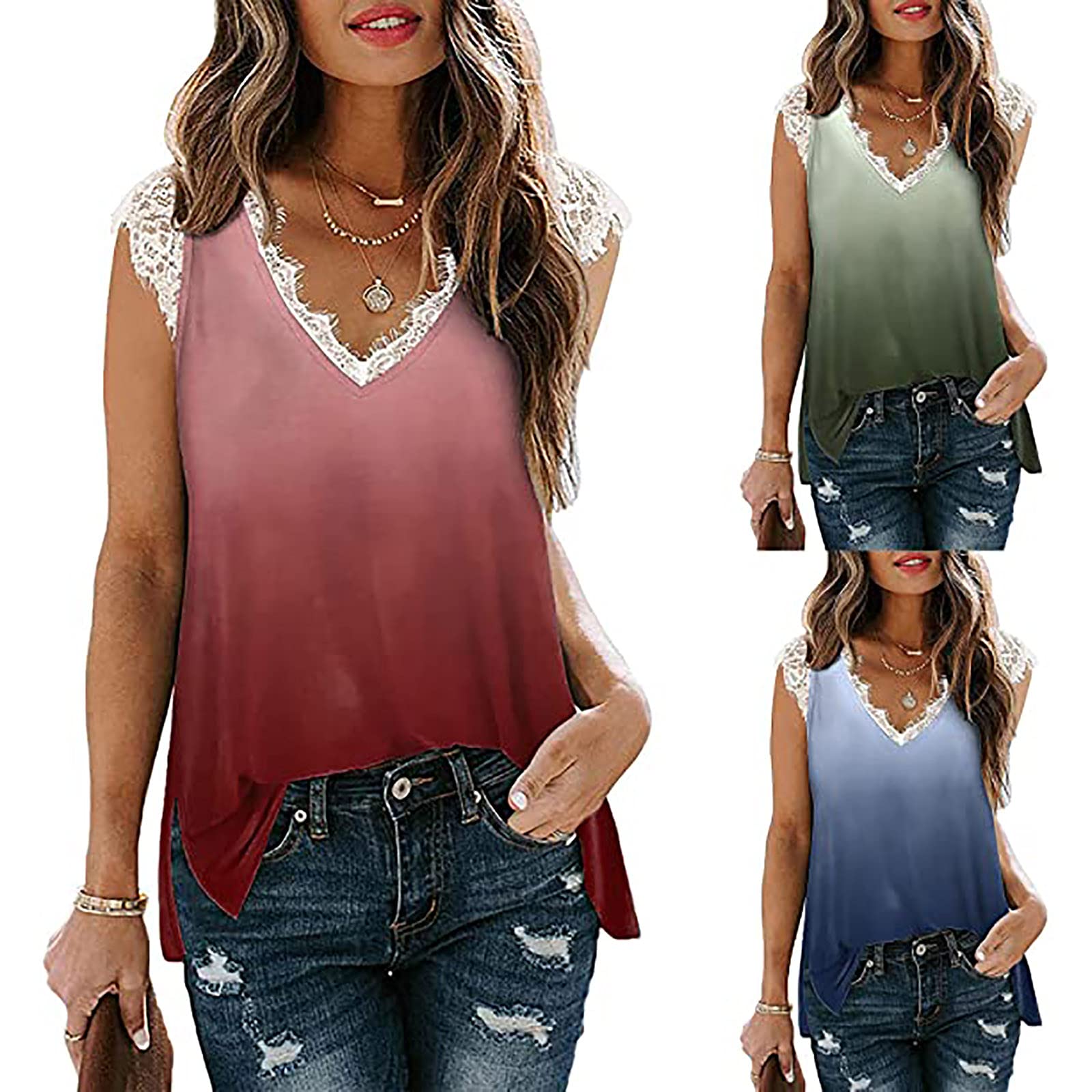Trendy Women's Summer Lace Tank Tops - Casual Loose Fit Tie Dye Tunic Tops, Sexy Sleeveless V-Neck Vest Shirts for Women - Perfect for Beach, Vacation & Summer Outfits