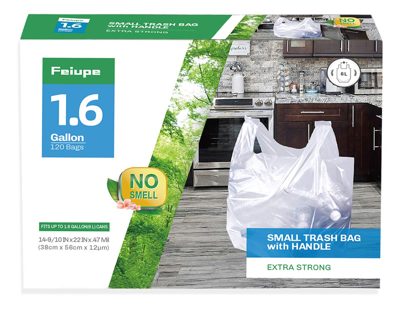 Feiupe 1.6 Gallon Clear Trash Bags with Handles - Small Garbage Can Liners (120 Count) - Perfect for Bathroom, Office, Bedroom & Kitchen Waste Disposal