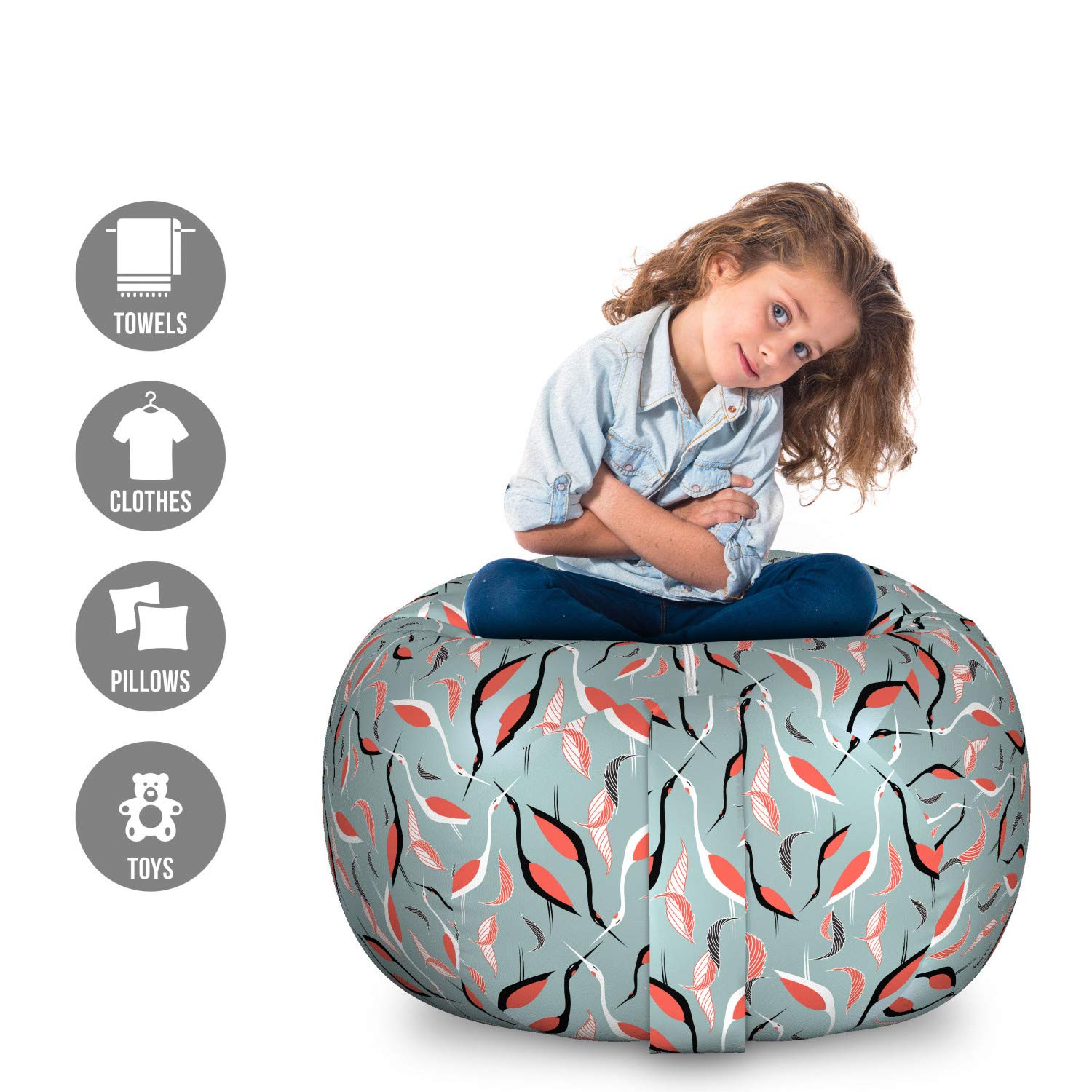 Ambesonne Heron Storage Toy Bag Chair - Large Washable Stuffed Animal Organizer with Abstract Birds & Leaves Design in Pale Teal Coral | Kids Room Decor, Playroom Storage, Nursery Organization