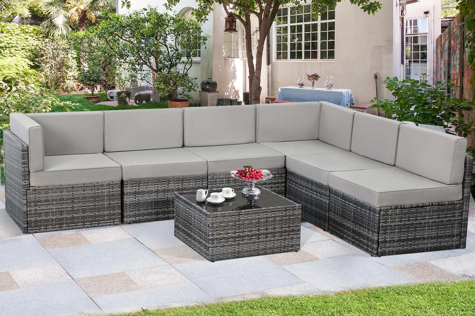 AECOJOY 7-Piece Outdoor Patio Furniture Set with Coffee Table - Waterproof PE Rattan Sectional Sofa & Grey Cushions - Perfect for Garden, Backyard, Poolside & Outdoor Entertaining