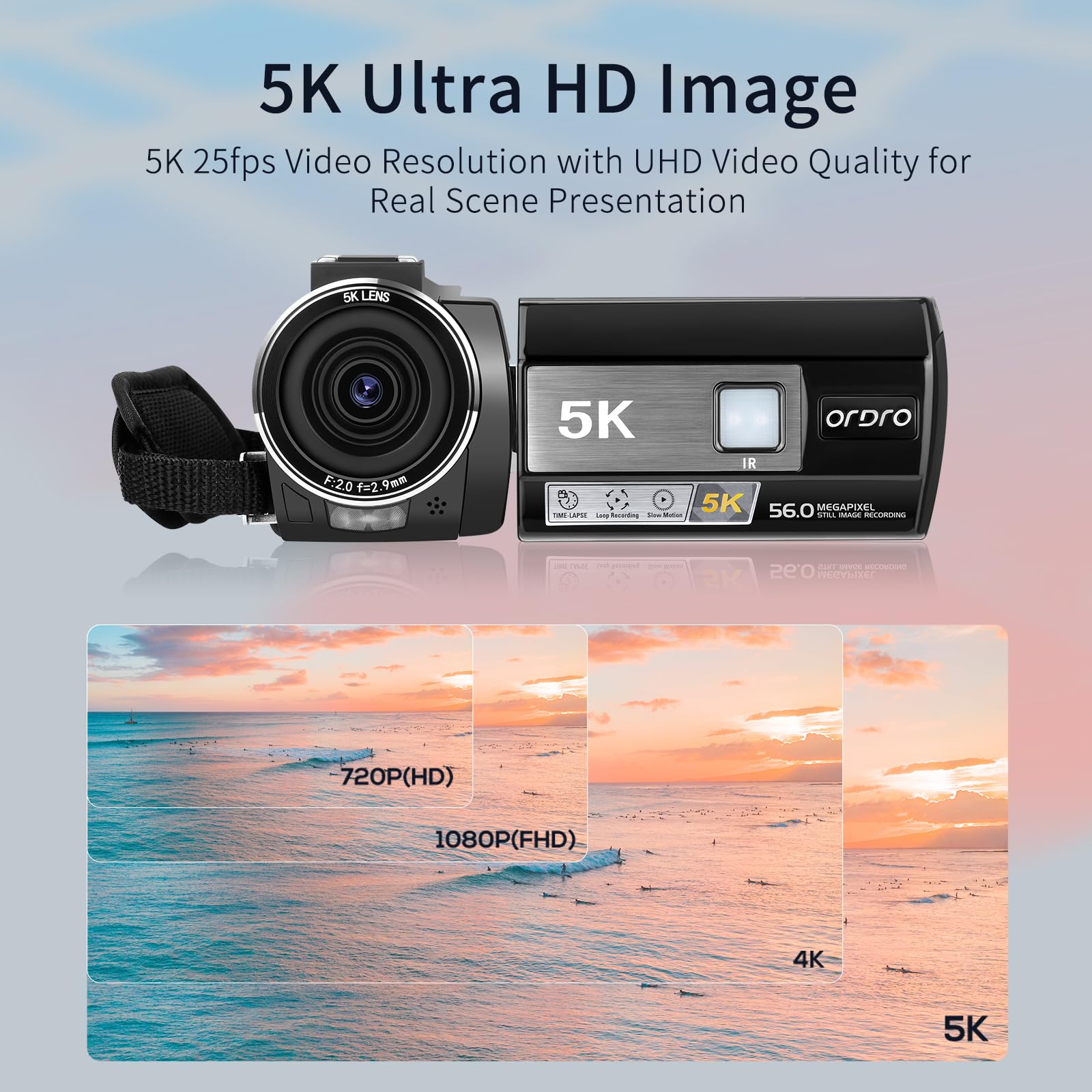 ORDRO AE20 5K Video Camera Camcorder - 95° Wide Angle, WDR Mode, EIS Stabilization, 1080P Full HD IR Night Vision - YouTube Vlogging Camera with Remote & 2 Batteries - Perfect for Travel Vlogging, Home Movies, and Outdoor Adventures