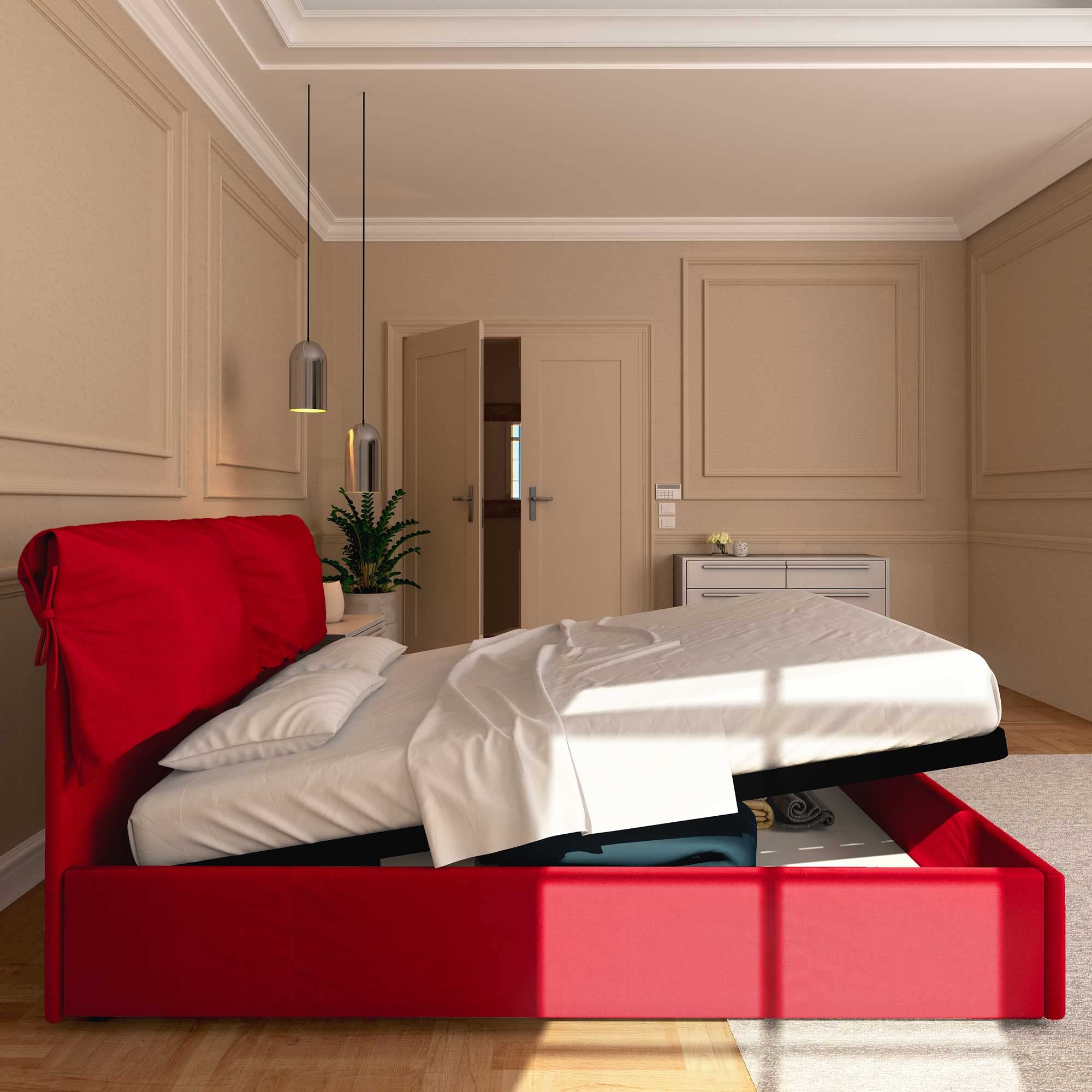 Baldiflex Licia Soft Single Bed with Storage - Synthetic Leather Upholstery, Slatted Base for Single Mattress, 140 x 190 cm, Padded Thin Headboard, Red - Perfect for Small Bedrooms, Guest Rooms & Studio Apartments