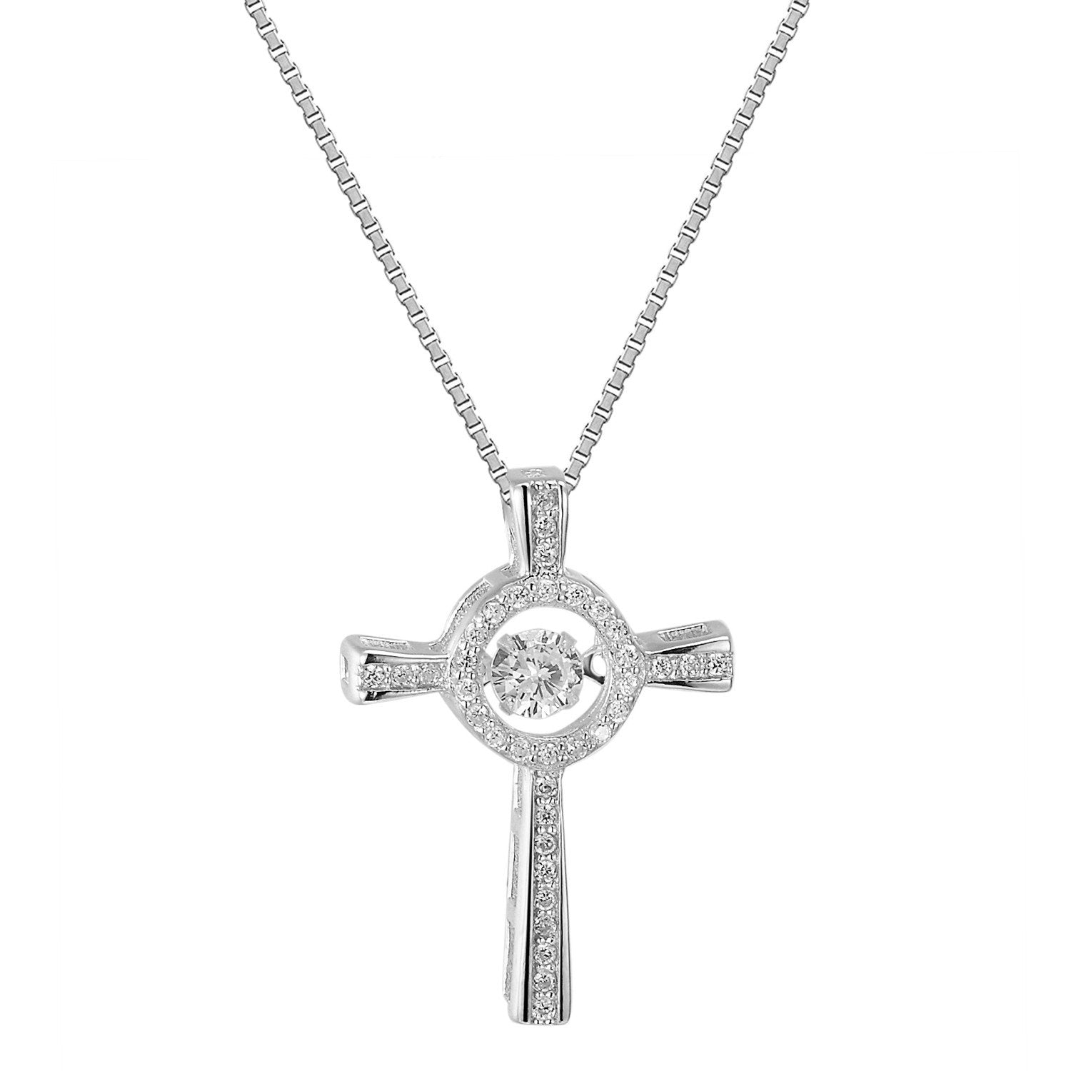 14K White Gold Plated Cross Pendant with Solitaire Halo Design - Elegant Silver Bling Jewelry for Women - Perfect for Church, Weddings & Everyday Wear